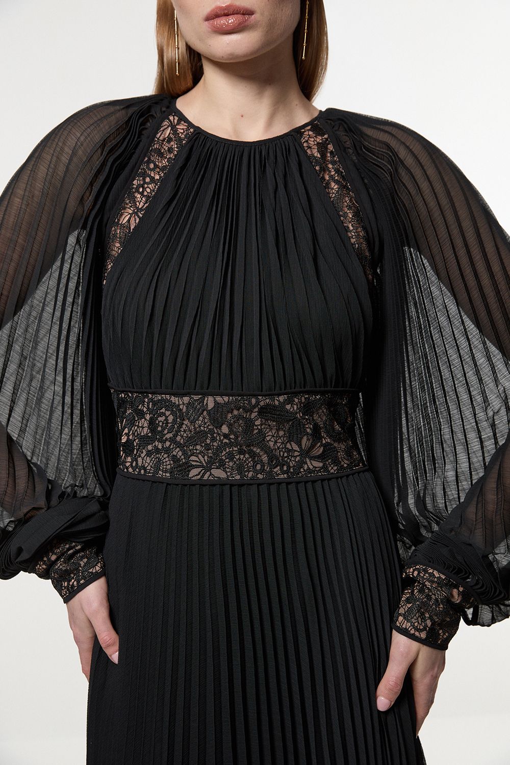 KarenMillen Viscose Georgette Pleated Woven Maxi Dress With Sheer Lace Panel Detail