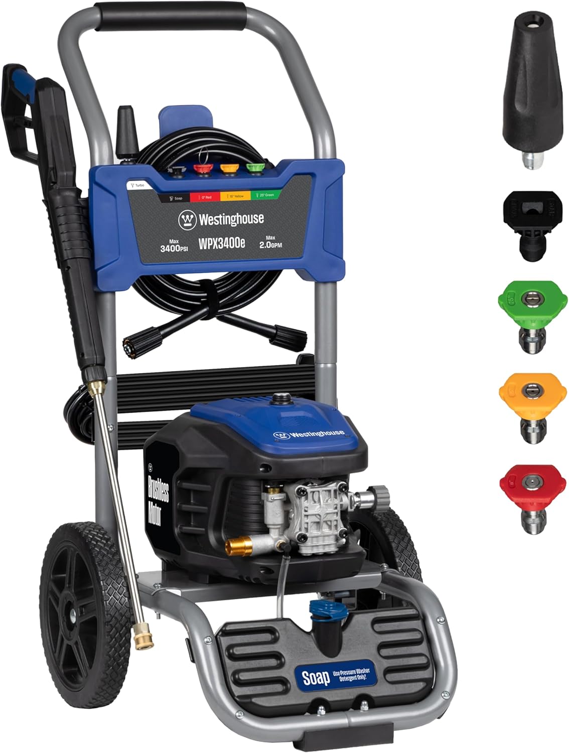 Westinghouse WPX3400e Electric Pressure Washer  3400 Max PSI and 2.0 Max GPM  Brushless Motor  Onboard Soap Tank  Spray Gun and Wand  5 Nozzle Set  for Cars/Fences/Driveways/Homes/Patios/Furniture
