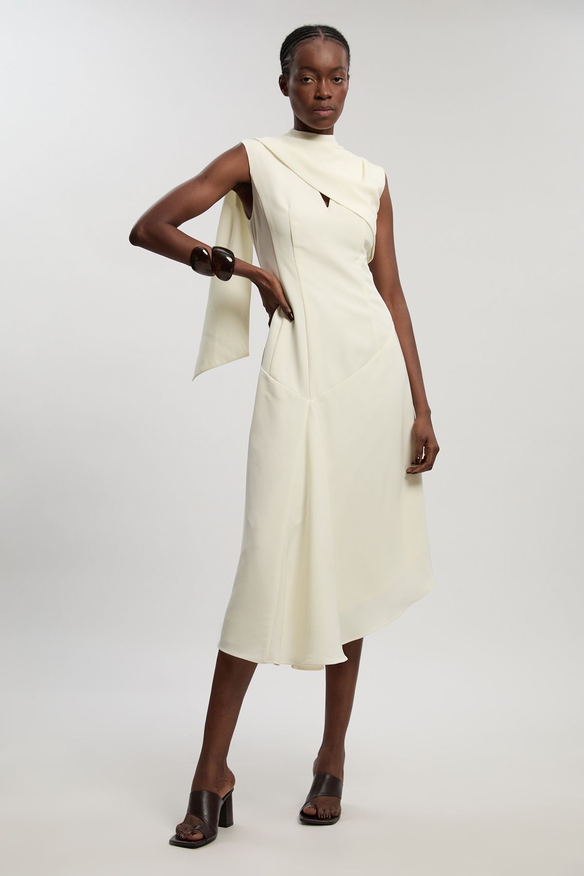 KarenMillen Tailored Crepe Cape Asymmetric Cape Neck Detail Midi Dress