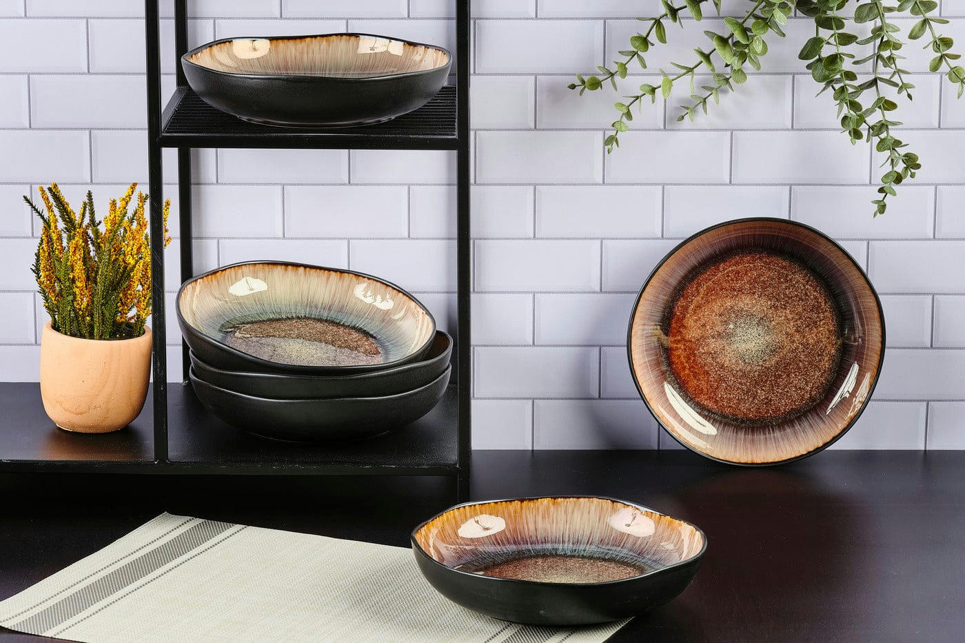 REACTIV - Lot de 6 assiettes creuses en grès marron D22.5