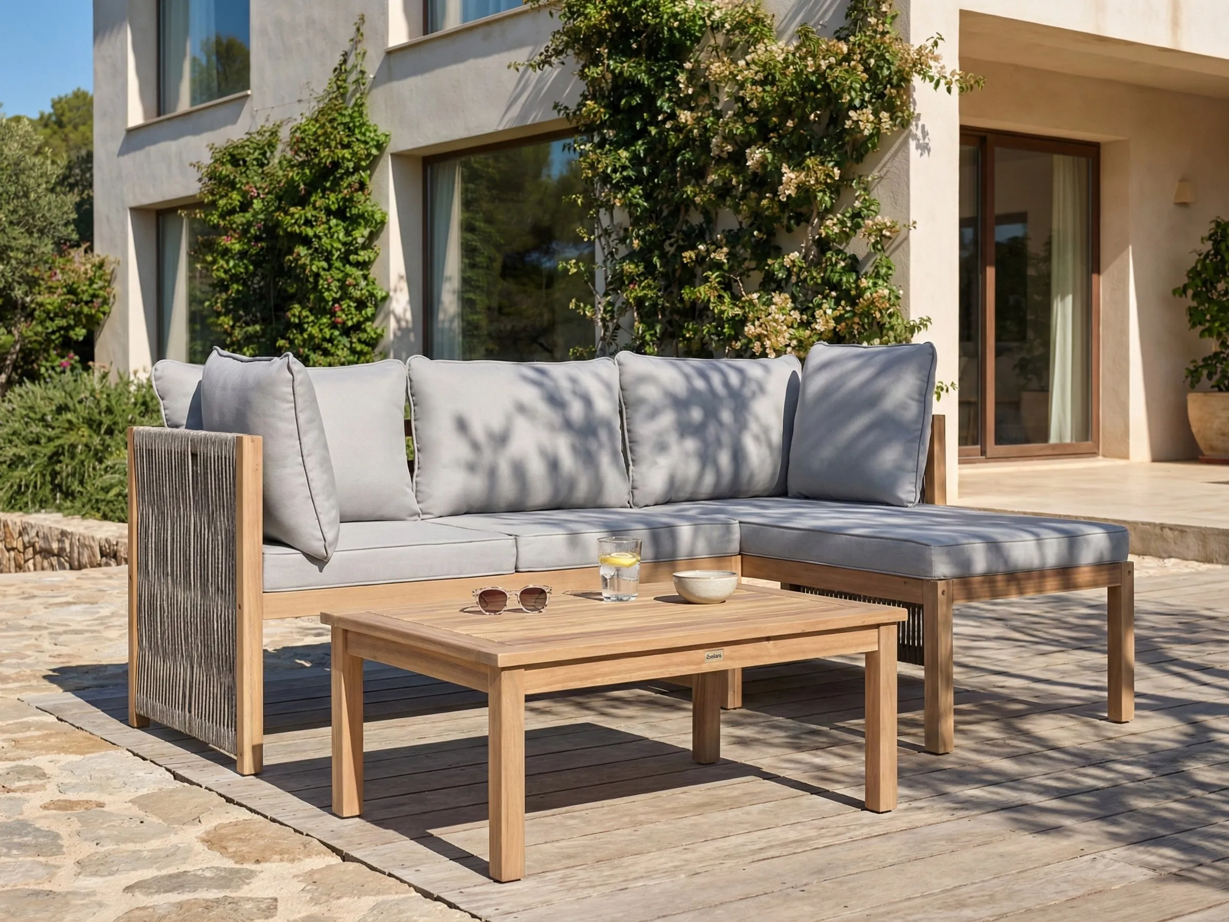 Garden Corner Sofa with Table 3 Seater ARABBA Left Hand Certified Acacia Wood Grey