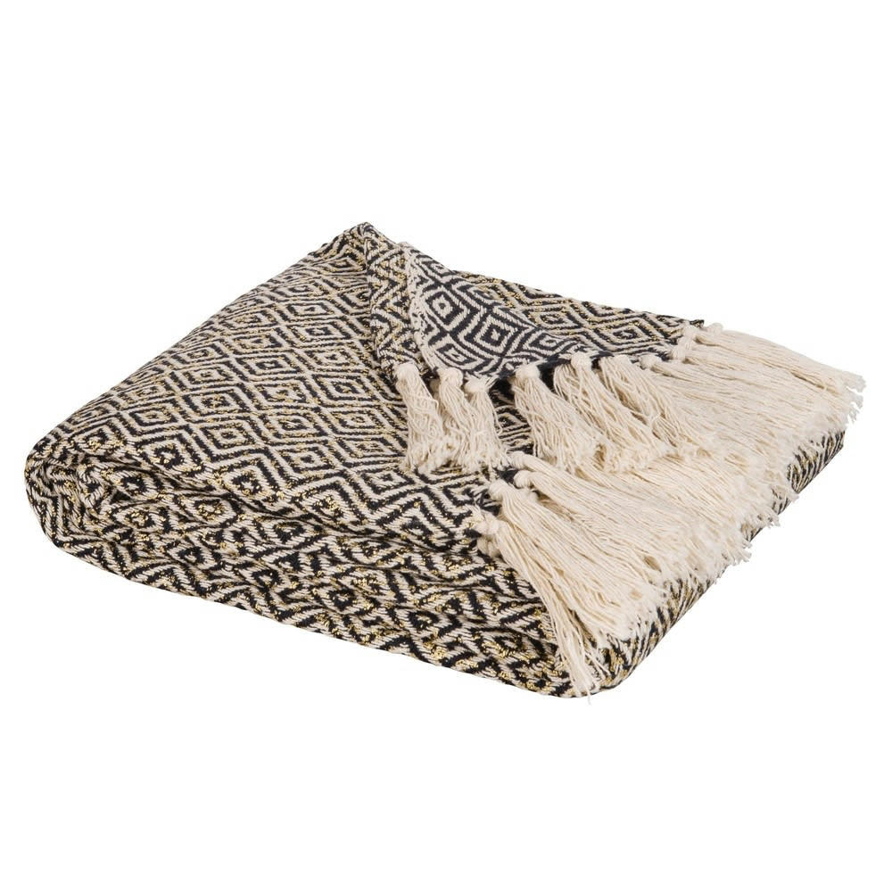 PEPITE - Plaid en coton noir et blanc motifs graphiques 130x170