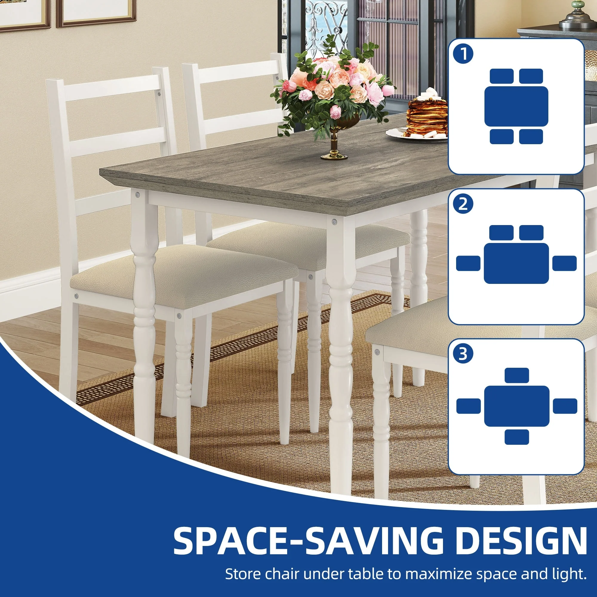 Moasis Farmhouse Dining Table Set with 4 Chairs Rectangular Dining Set Roman Column Style Kitchen