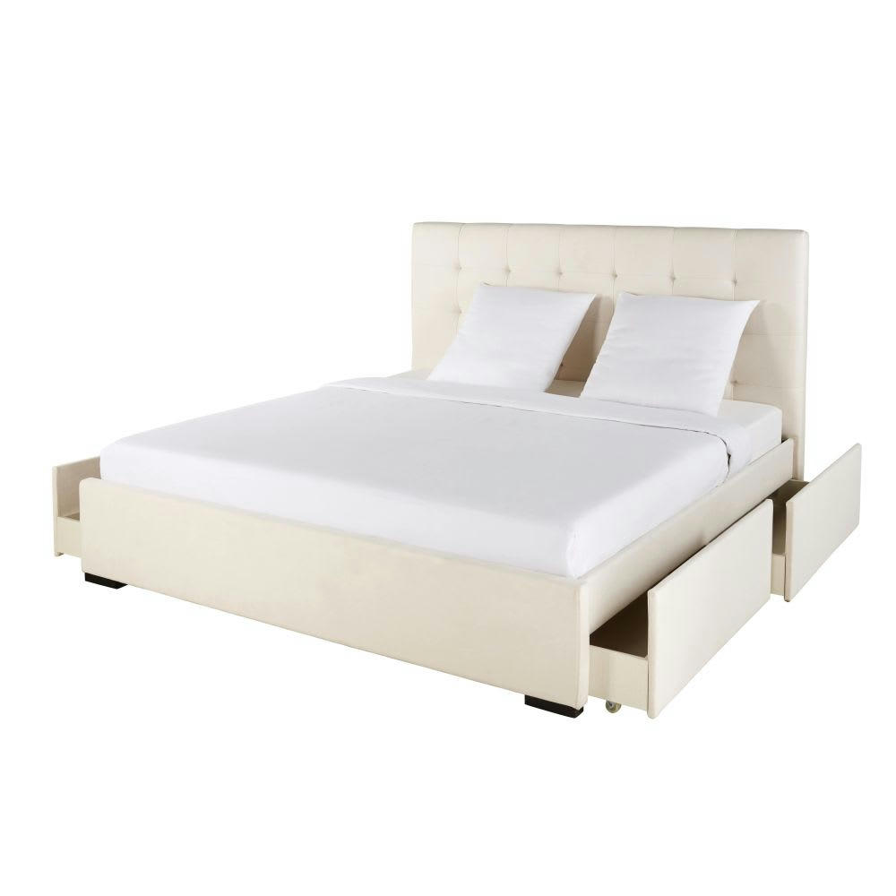 East side - Lit double capitonné ivoire avec rangements, 180x200