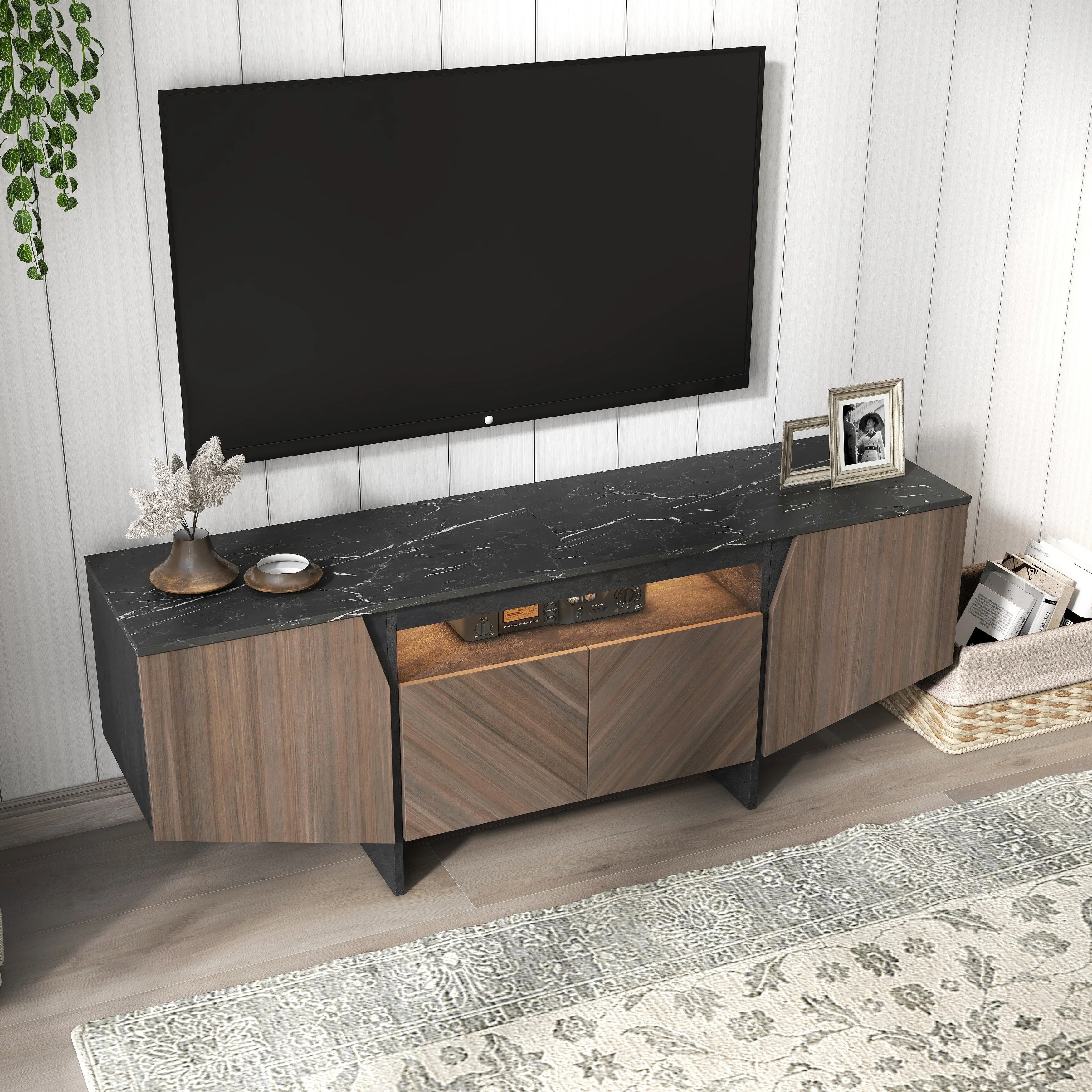 63 TV Stand with LED, Cabinet & Shelves for Living Room