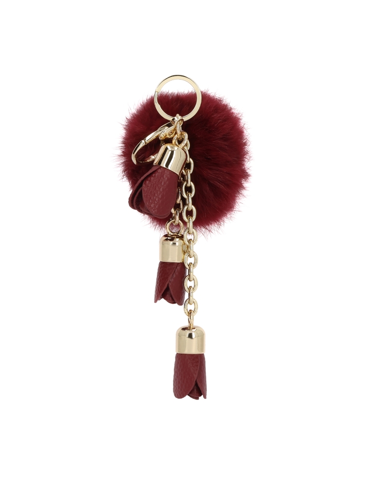 Maroon key ring with pom-pom and leather details