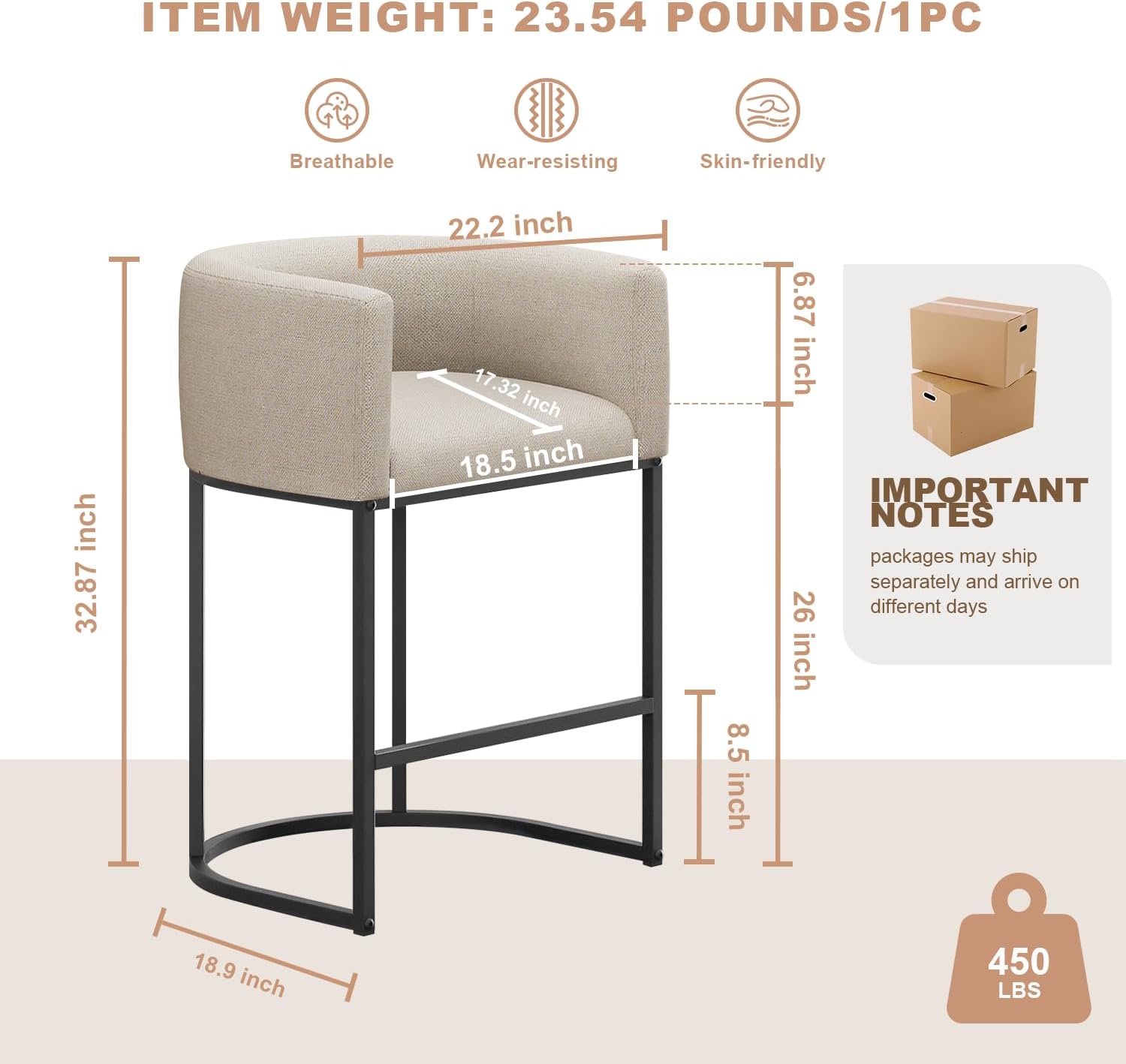 26 H Counter Height Bar Stools Set of 3, Modern Barrel Counter Stools with Backrest and Arms, Linen Fabric Upholstered Accent Barstools for Kitchen Island,Support 450 LBS (Beige)
