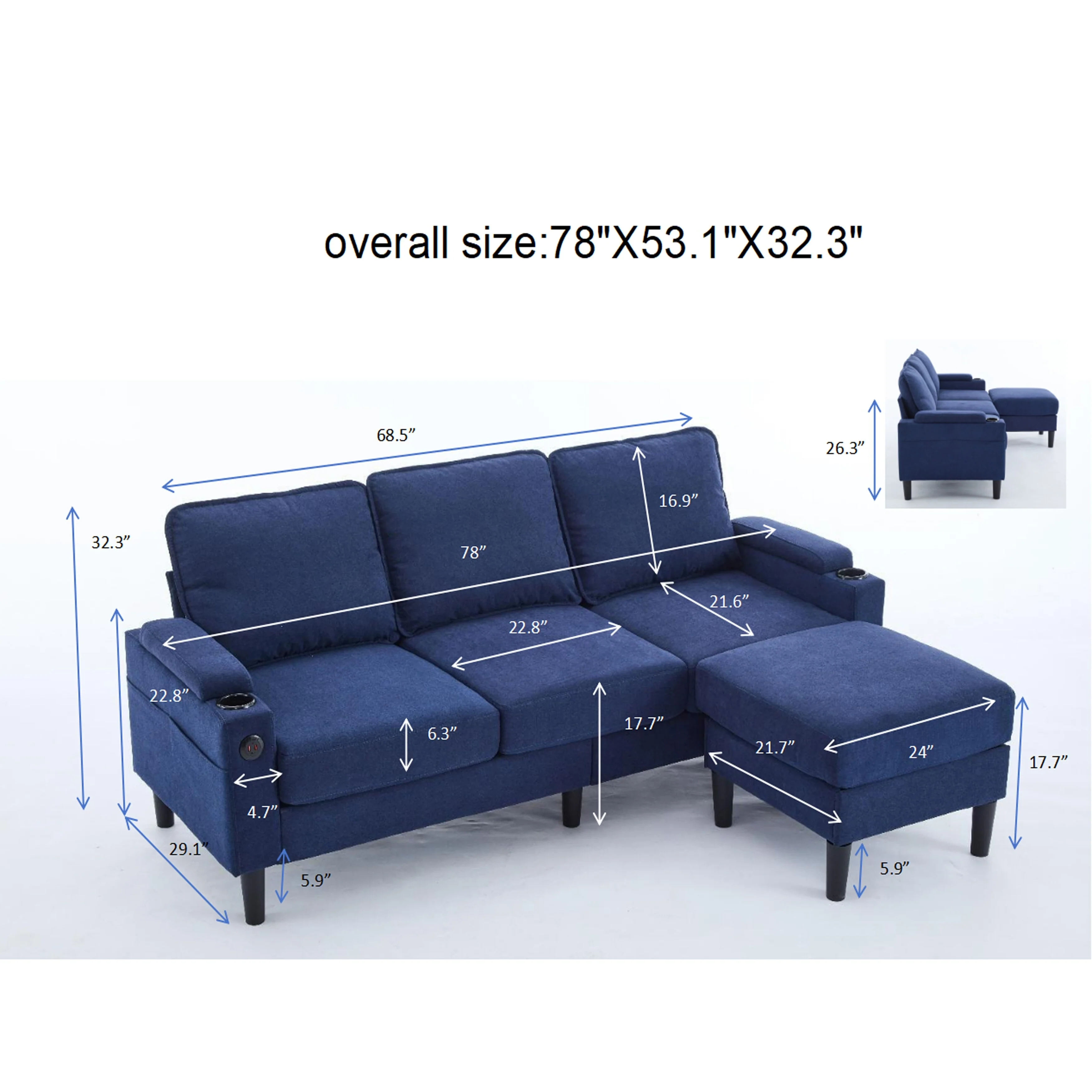 Modern Knock Down Combo Sofa with Built in USB Ports and Storage Ottoman and Armrest Cup Holders for Living Room and Guest Room