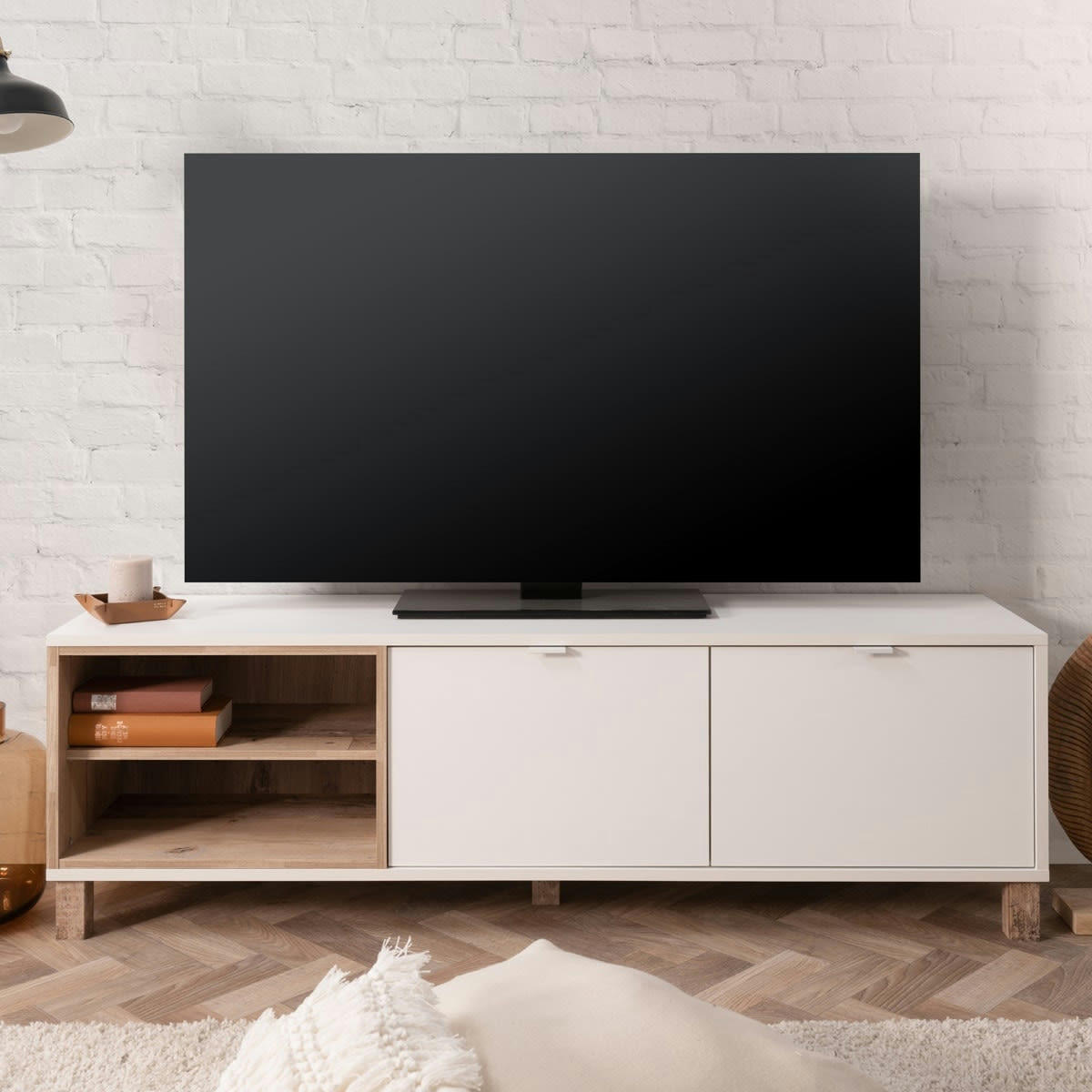 VIGO - Meuble TV blanc et effet chêne 150 cm