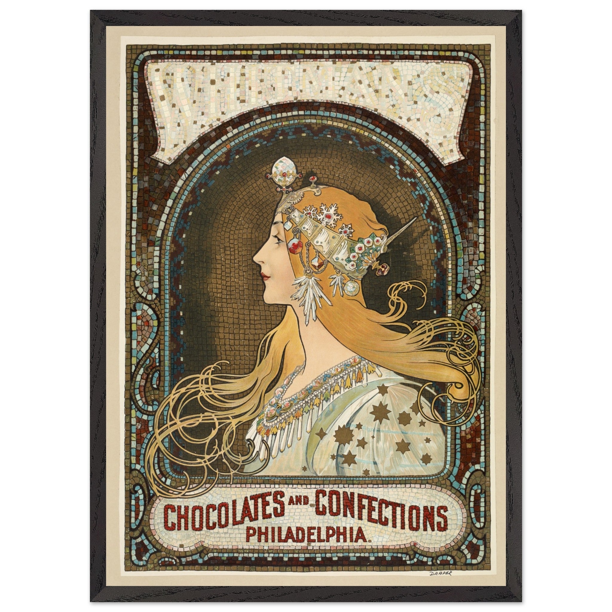 Artfulprints Poster met Lijst Alphonse Mucha - Chocolates and confections Philadelphia  - 50x70 cm - Bruin