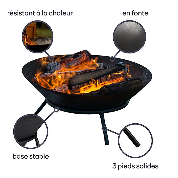 Brasero Exterieur Rond 56 cm avec Support Noir pour Jardin et Terasse