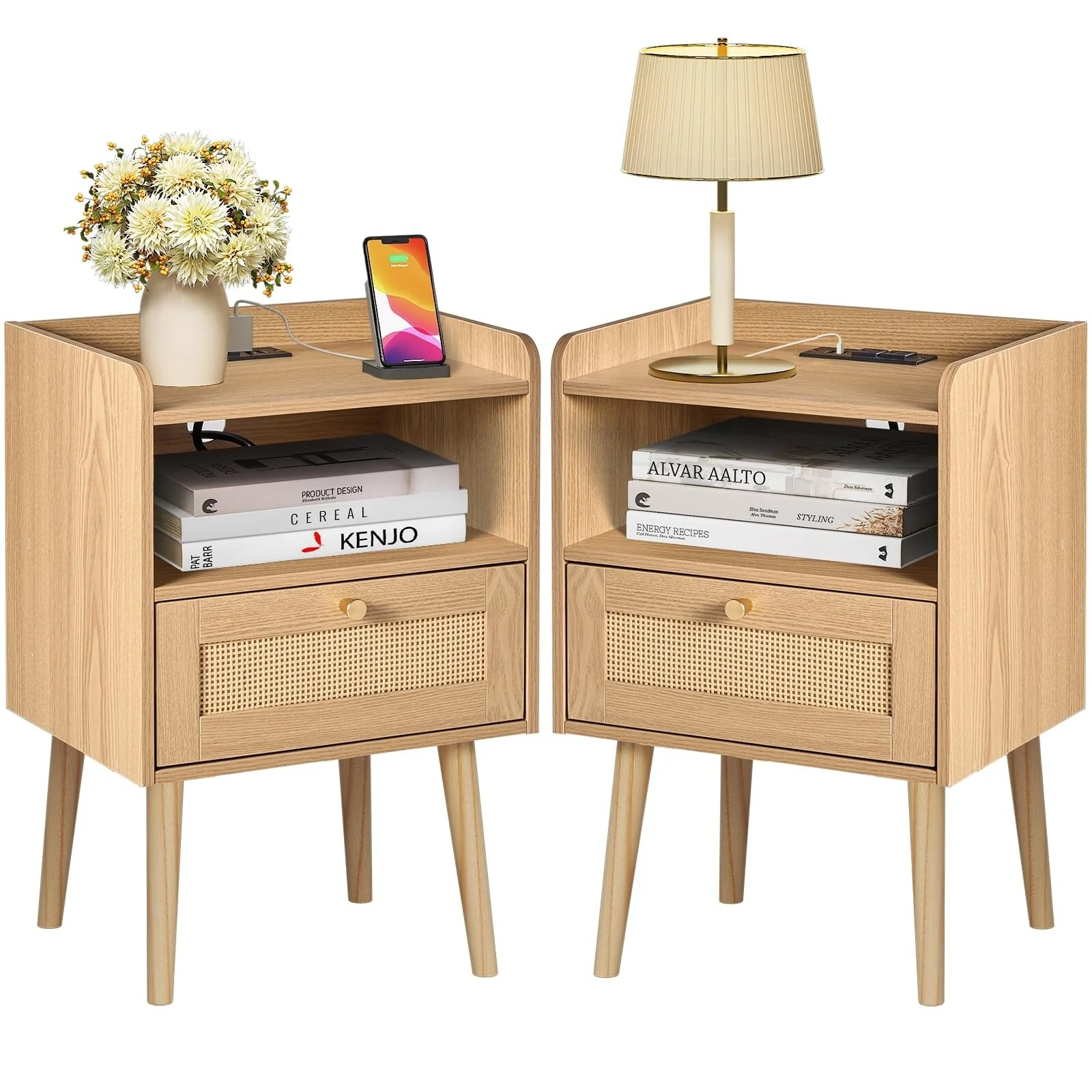 Mid Century Rattan Nightstand with Charging Station - Boho Bedside Table with Wood Legs for Bedroom & Living Room