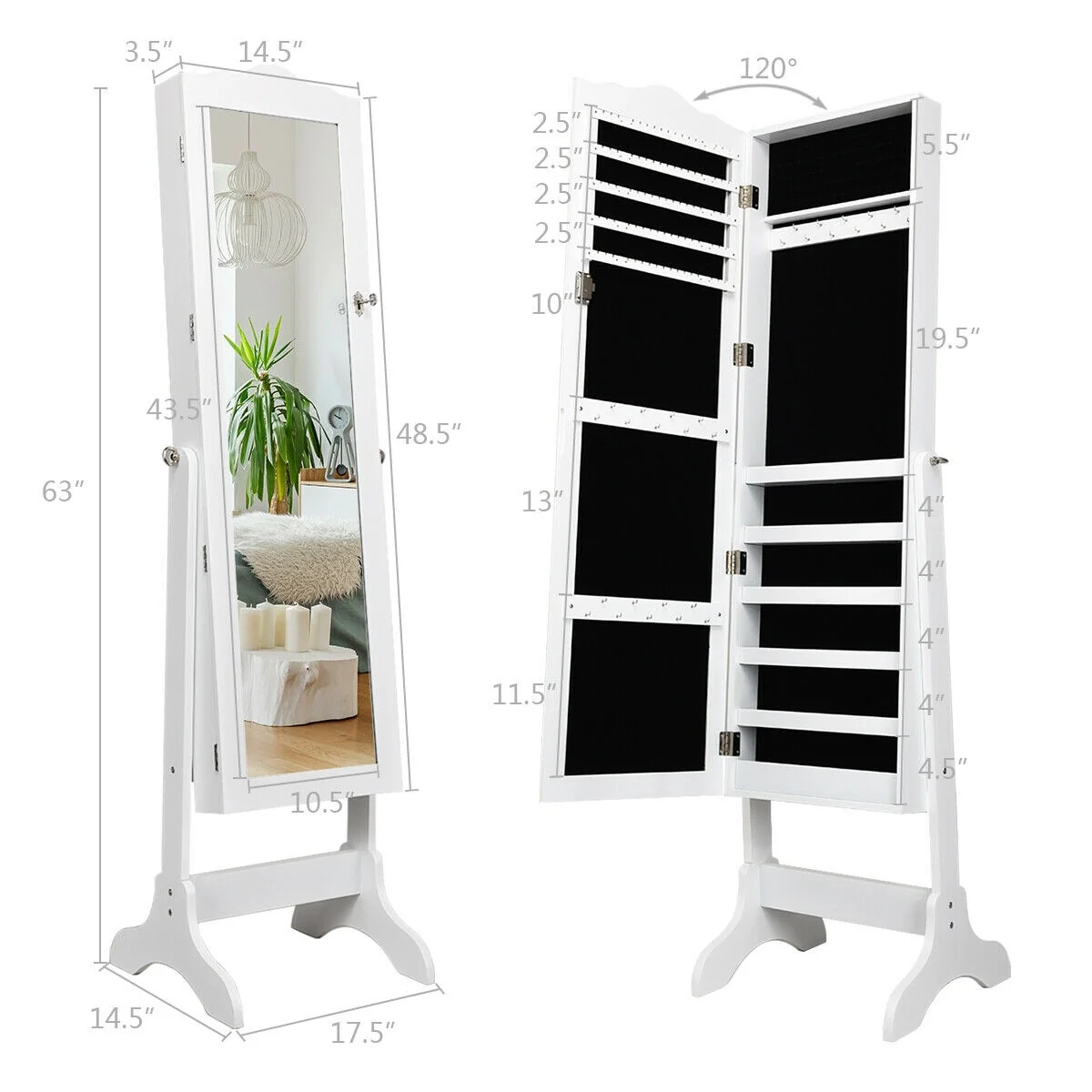 Costway Mirrored Jewelry Cabinet Organizer Storage Box White