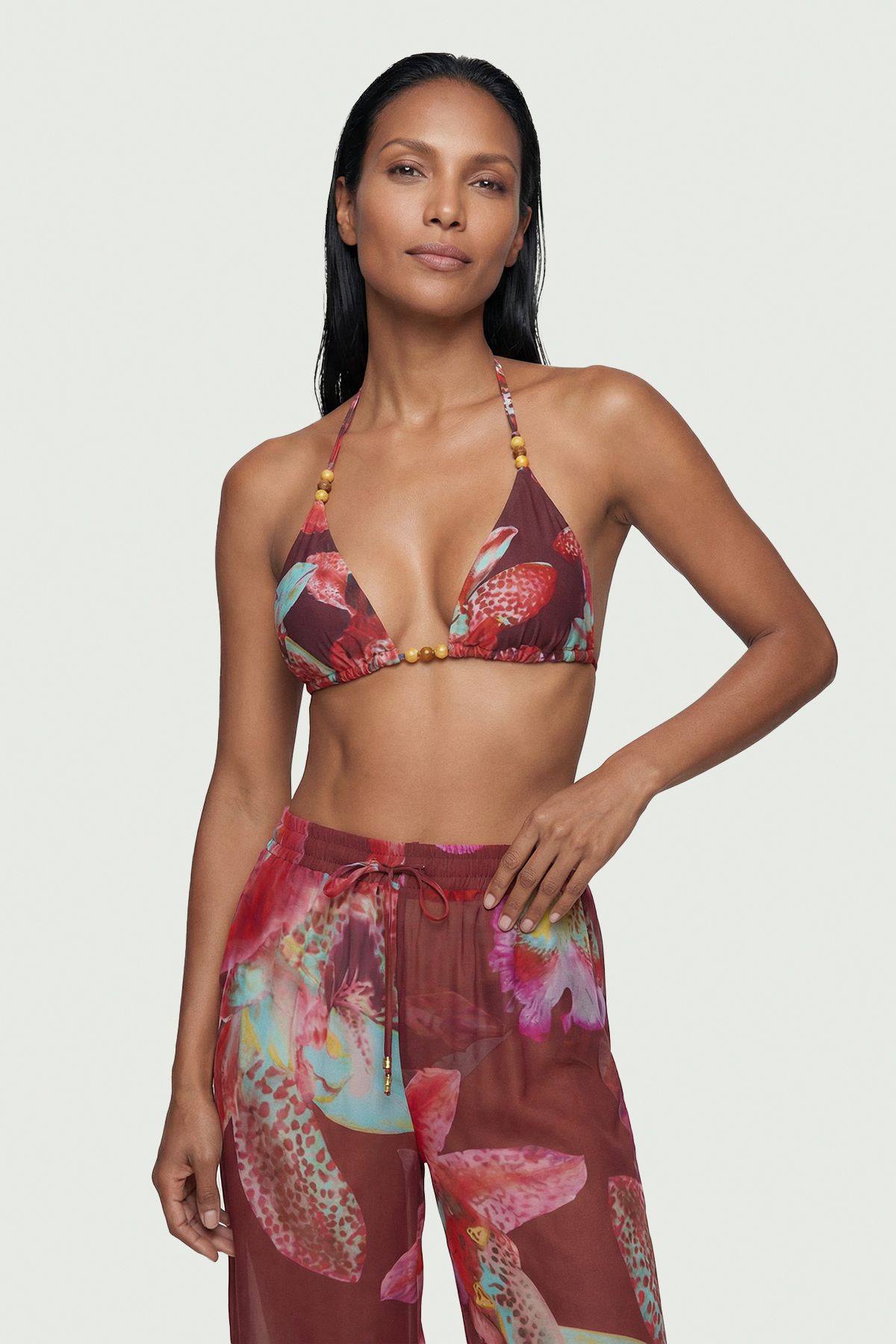 KarenMillen Photographic Floral Reversible Bikini Top With Bead Detail