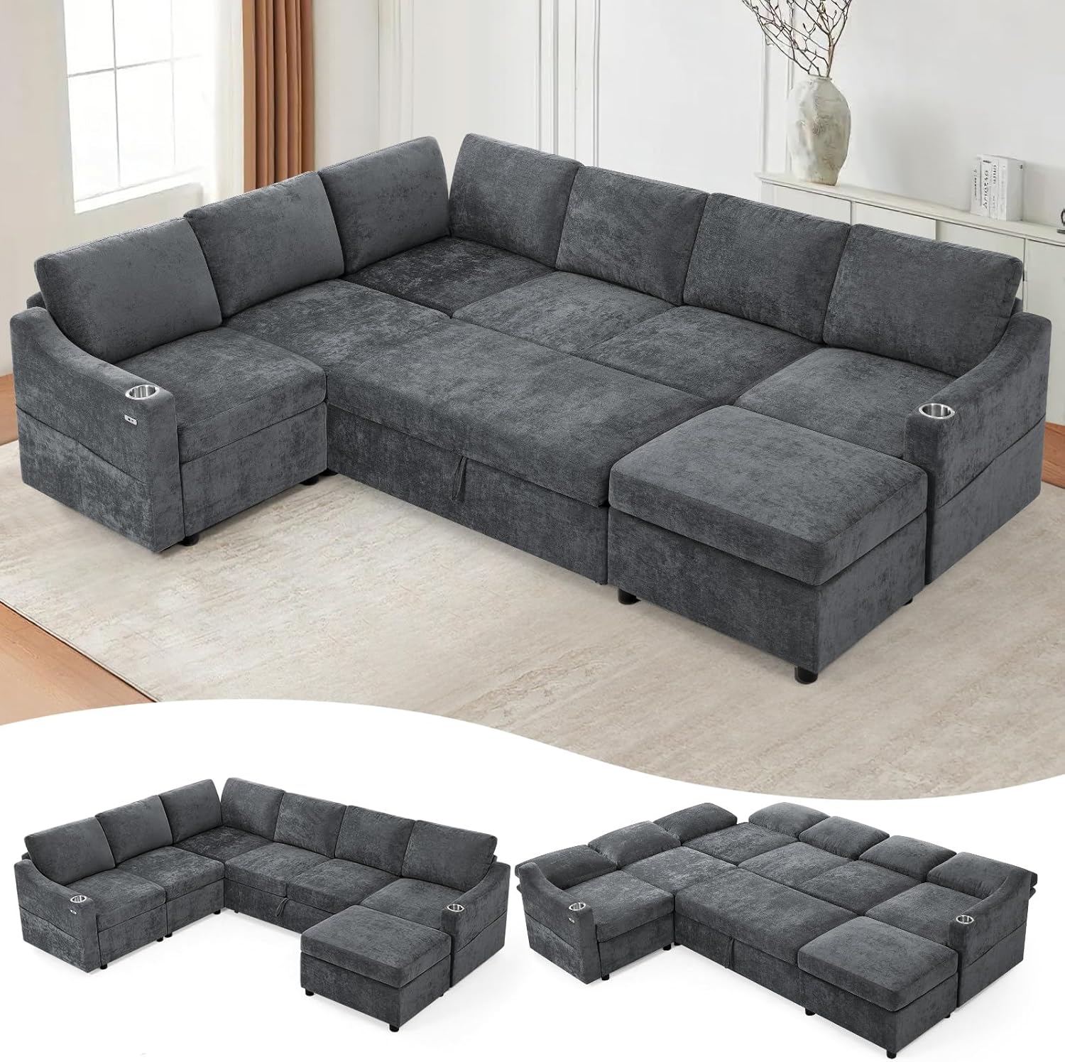 116 Chenille Modular Sofa Bed w/Adjustable Backrests, U-Shape Sleeper Sofa w/USB Ports & Storage Space, Convertible Corner Sectional Couch w/Pull Out Bed for House, Living Room, Grey