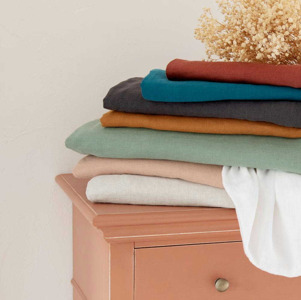 - Drap housse en lin lavé caramel 140x200