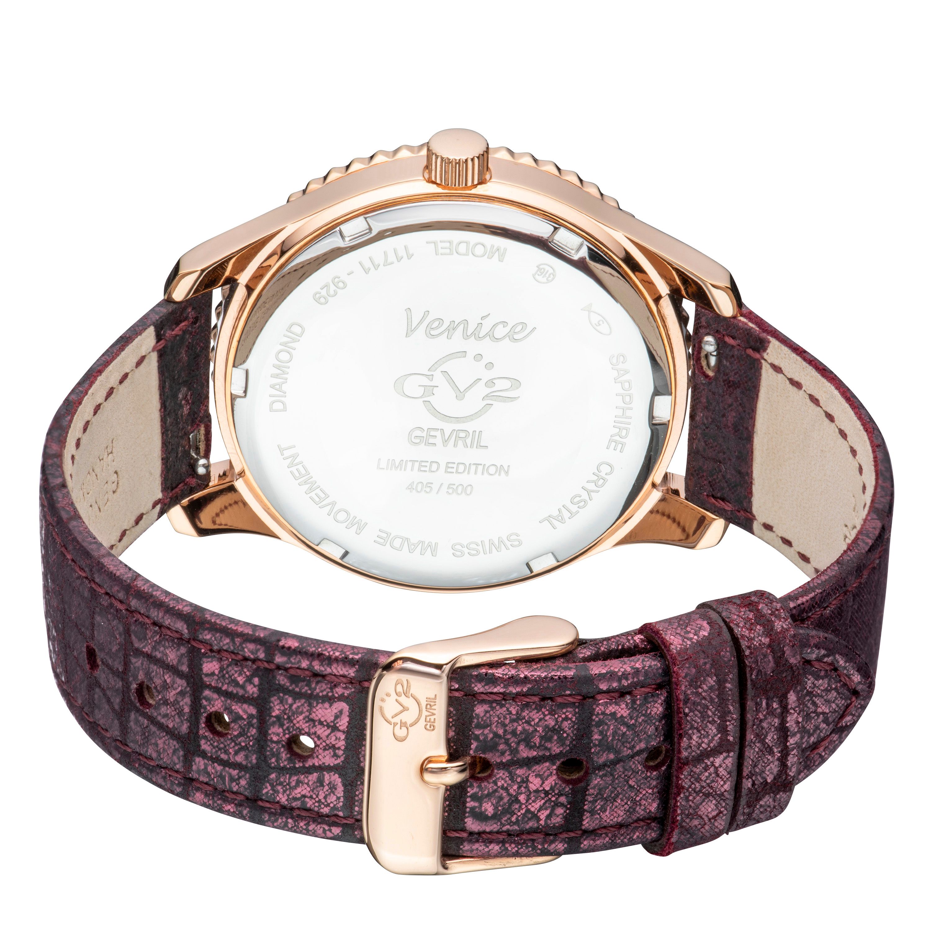 GV2 Venice, Swiss Quartz Watch, White MOP Dial, Hand made Italian leather, and Sapphire Crystal