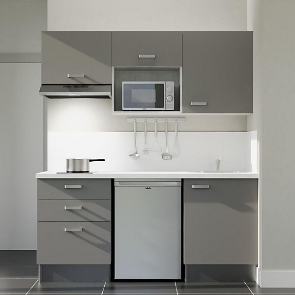 Kitchenette K20 façades Gris - Plan de travail Blanc - Crédences : Oui - Evier inox - Electroménager Inox inclus