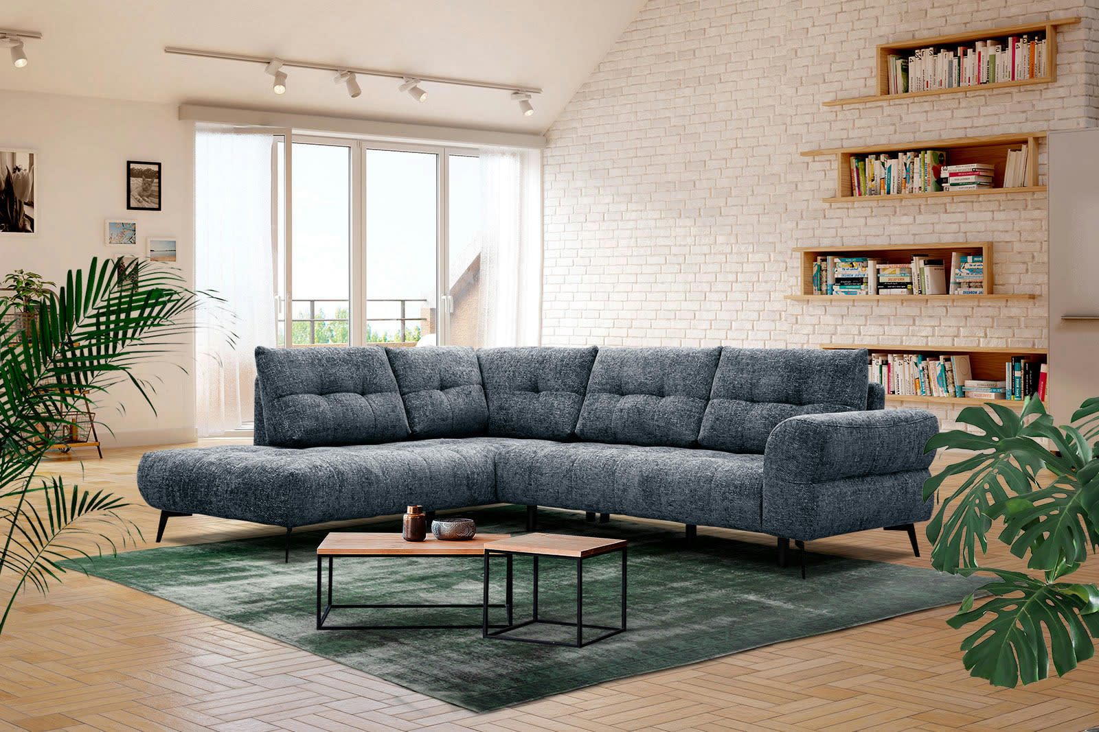 SALVINI - Canapé d'angle gauche 5 places tissu bleu marine