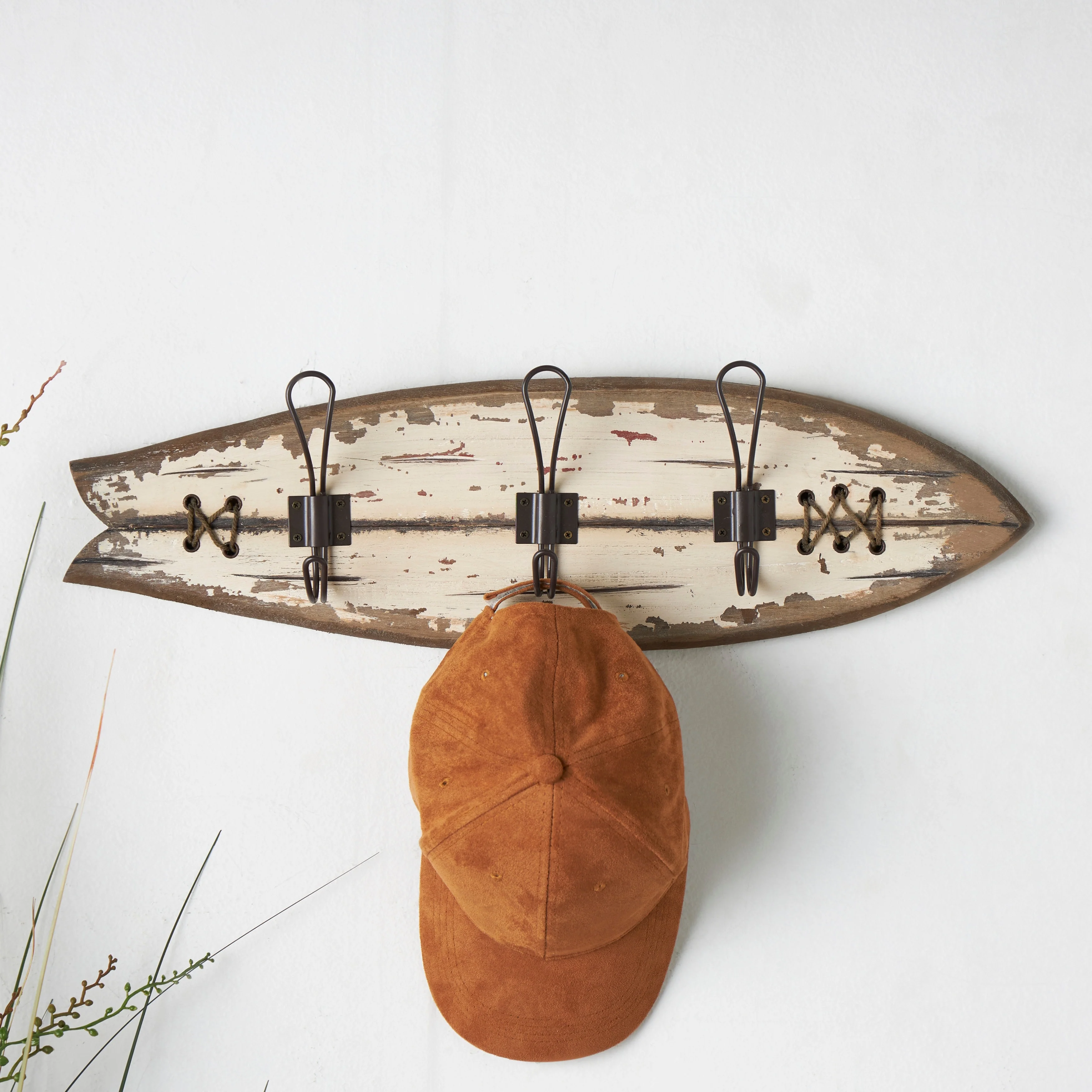 Wood Surfboard Handmade Distressed Fish Shaped 3 Hanger Wall Hook with Metal Accents - Brown - Roche River Decor