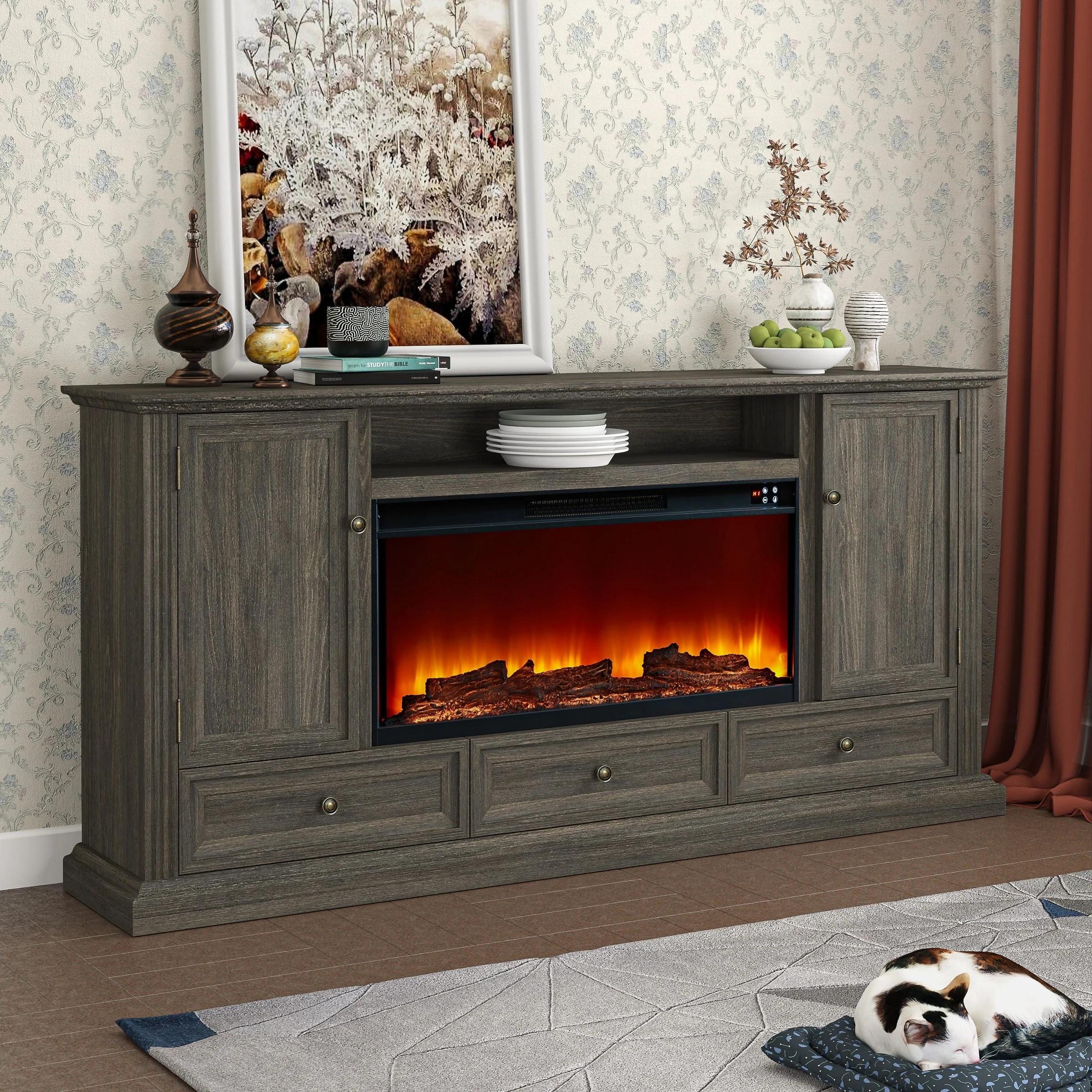 Farmhouse 72 TV Stand with Fireplace - Accommodates up to 75 TV - 73W x 35H x 14D