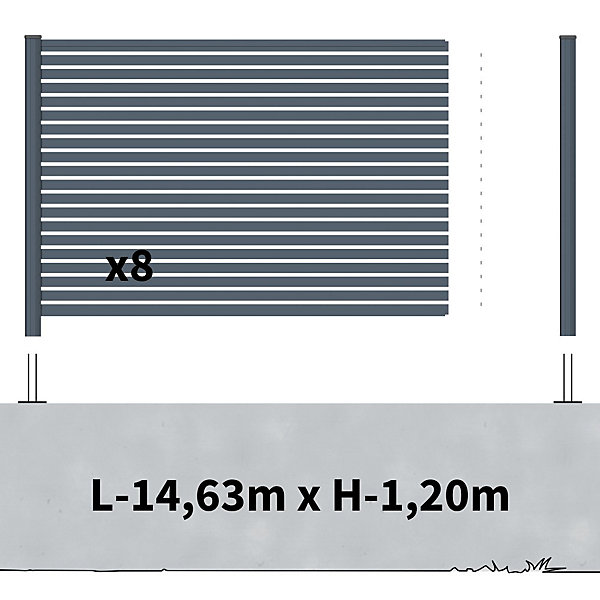 Kit Clôture Aluminium Ajourée sur Muret OLINDA Anthracite 14,68x1,2m - Lames ajourées 21x45x1780 mm - Brise Vue - Palissade