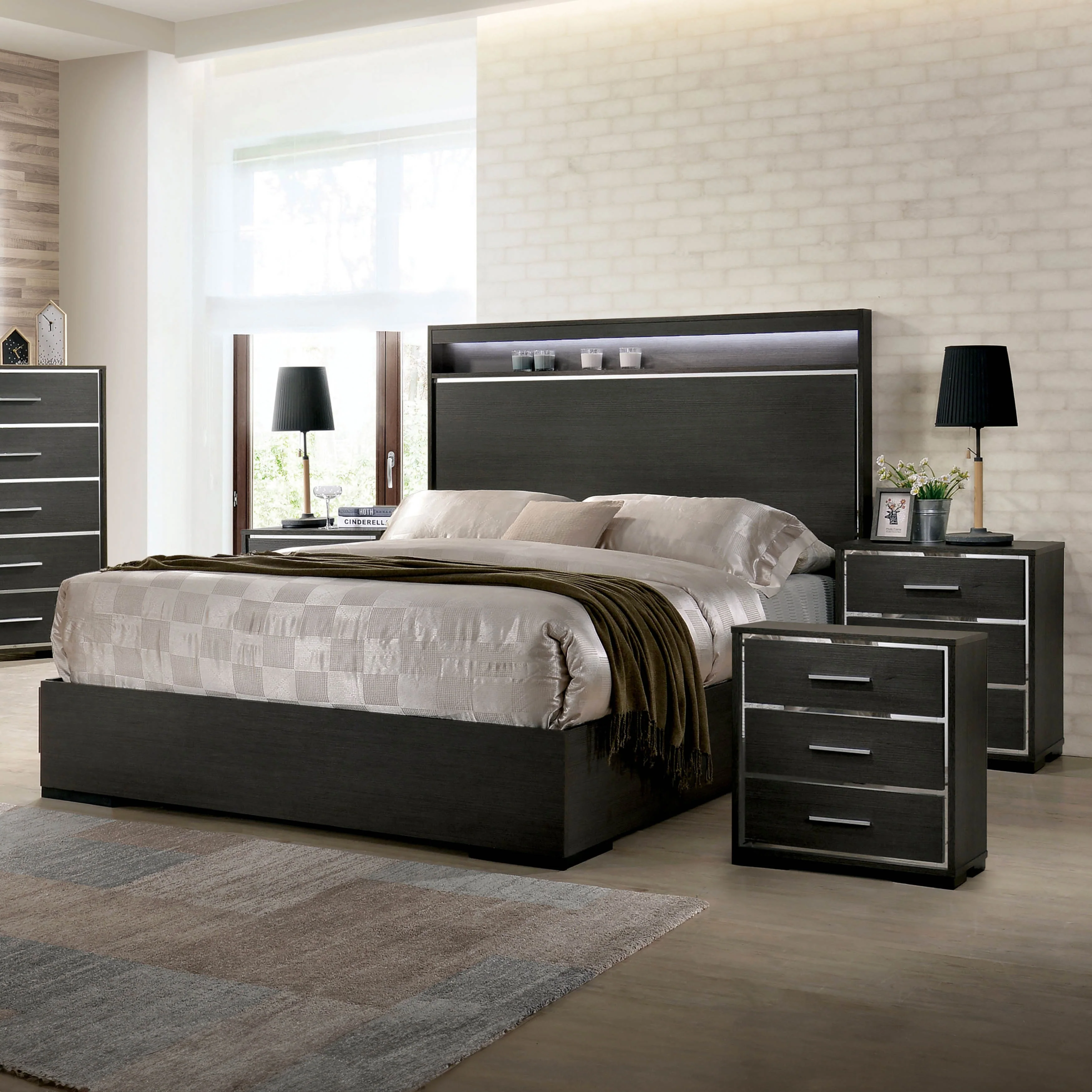 Furniture of America Kastela Modern 3-Piece Grey Wood Panel Bedroom Set with Shelf and LED