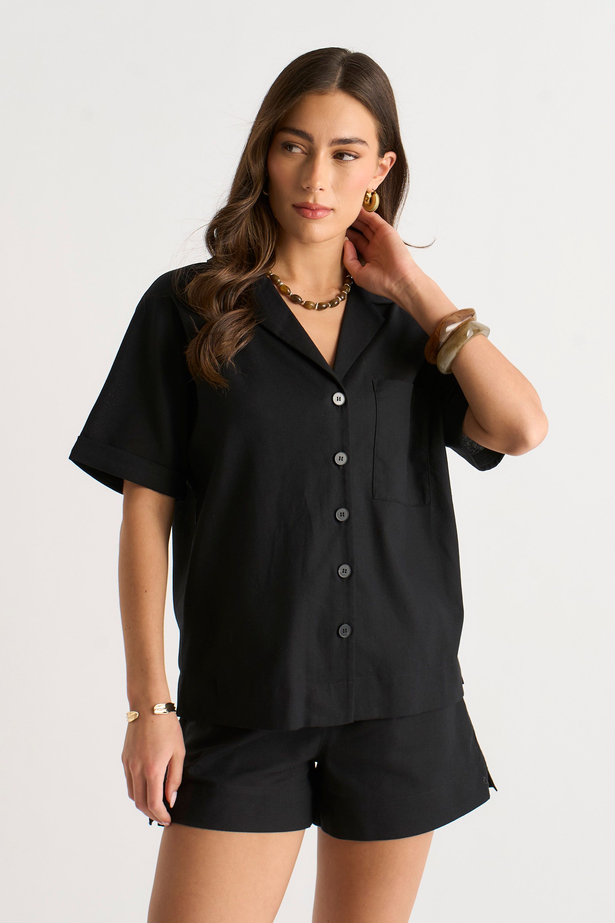 Gini London Black Linen Mix Oversized Button Through Shirt