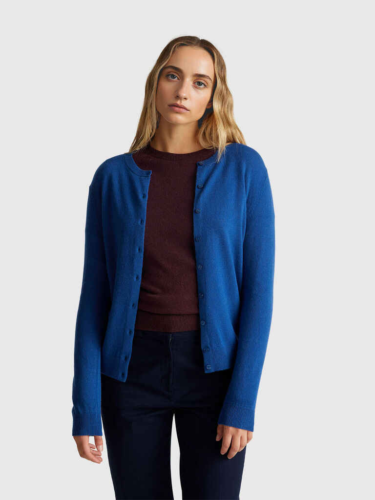 Blue crew neck cardigan in pure Merino wool