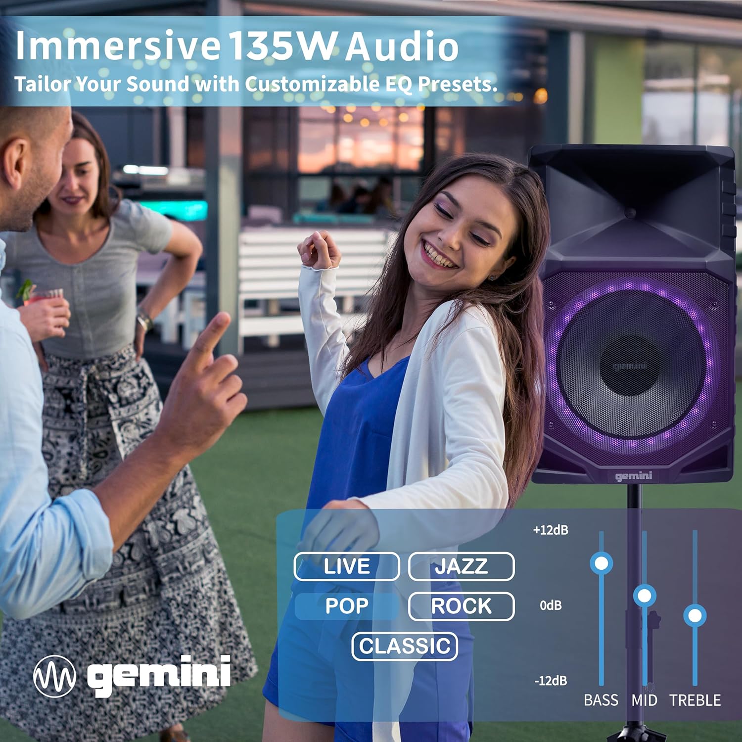 Gemini Sound Portable PA Speaker System with Bluetooth – 15 Woofer, All-Weather IPX4, 24Hr Battery, RGB LED Party Lights, Mic & Guitar Inputs, USB/FM Radio, Wireless Stereo Link (GXP-T1500)