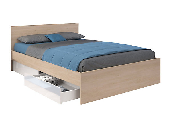 Lit avec 2 tiroirs 160 x 200 cm - Coloris : Naturel et blanc brillant - VELONA