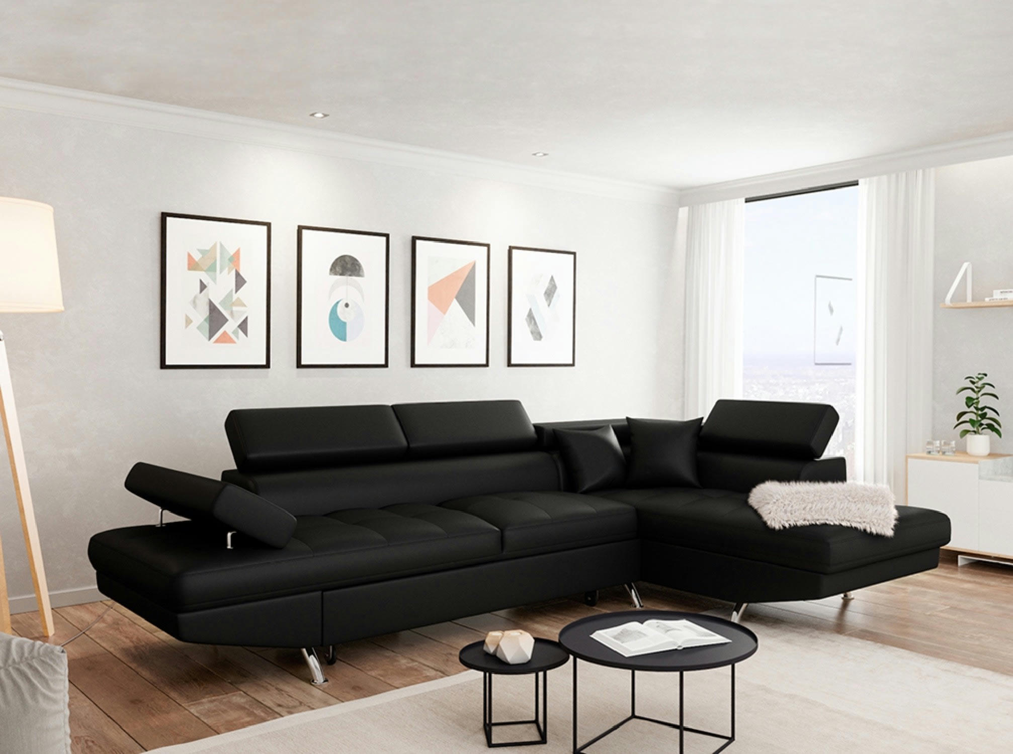RIO - Canapé d'angle droit convertible avec coffre en simili noir