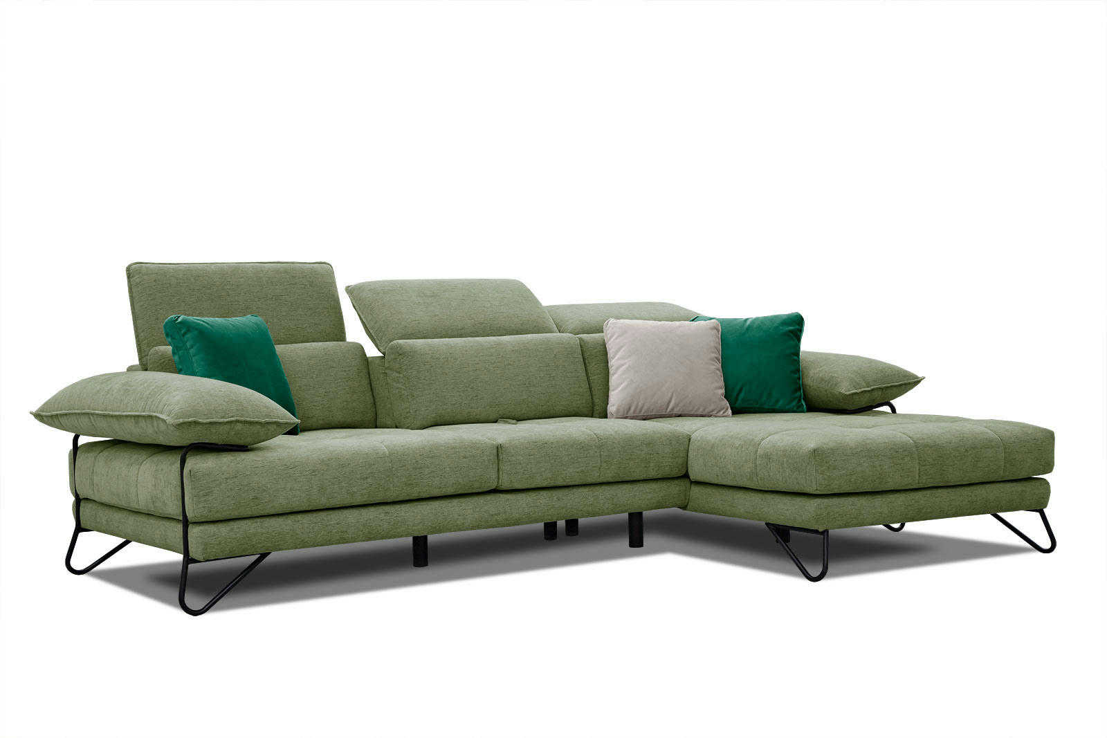 NORDEN - Canapé d'angle droit 4 places en tissu vert avec coussins déco