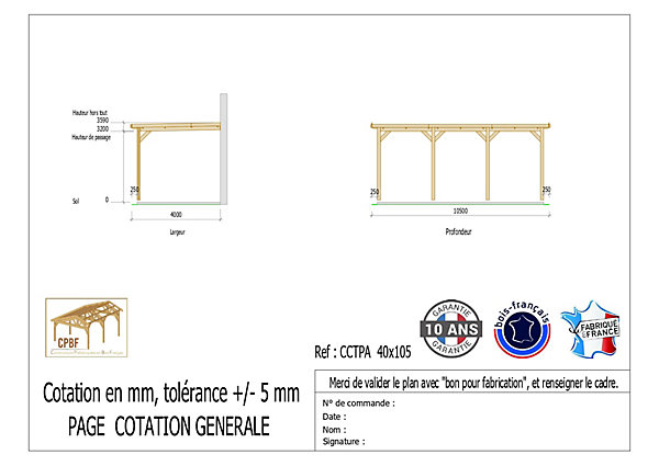 Carport toit plat adossé 400cmx1050cm bois DOUGLAS français (charpente - auvent - abri camping-car). 42 m². Garantie 10 ans.