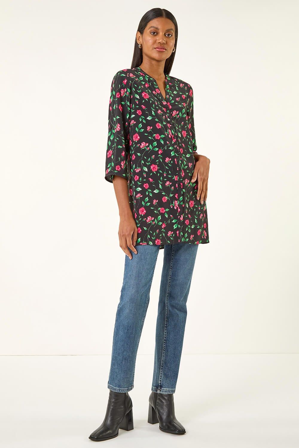Roman Rose Print Longline Buttoned Blouse