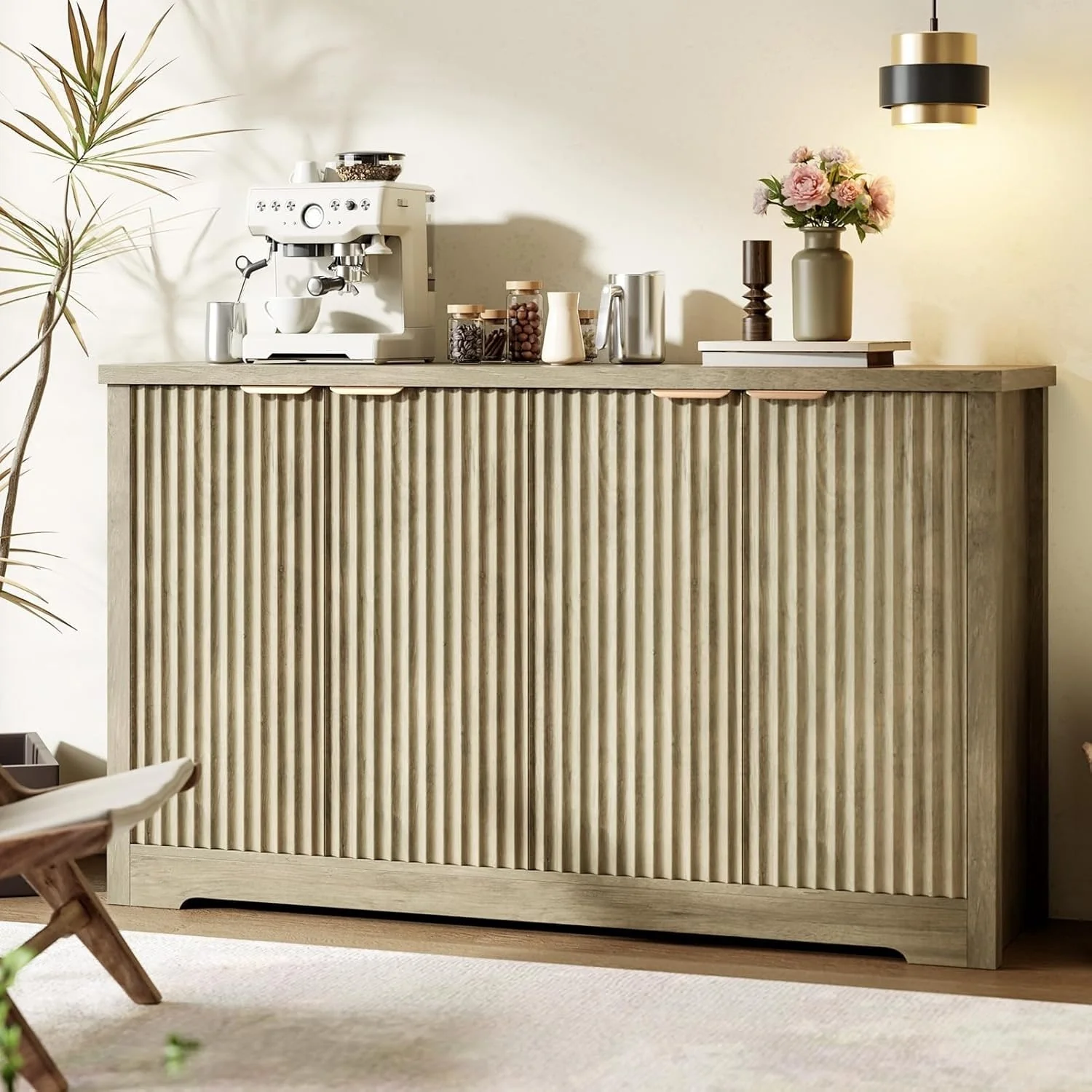 Buffet Sideboard Cabinet, Fluted Modern Credenza with Doors & Shelves