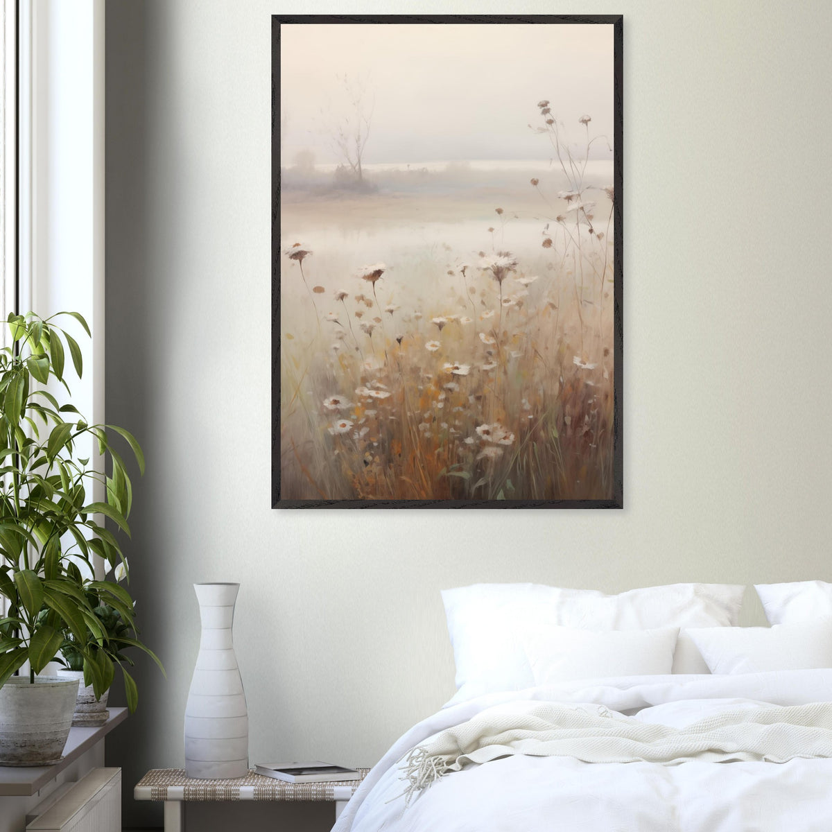 Artfulprints Poster Foggy flowerfield 1  - 70x100 cm - Taupe