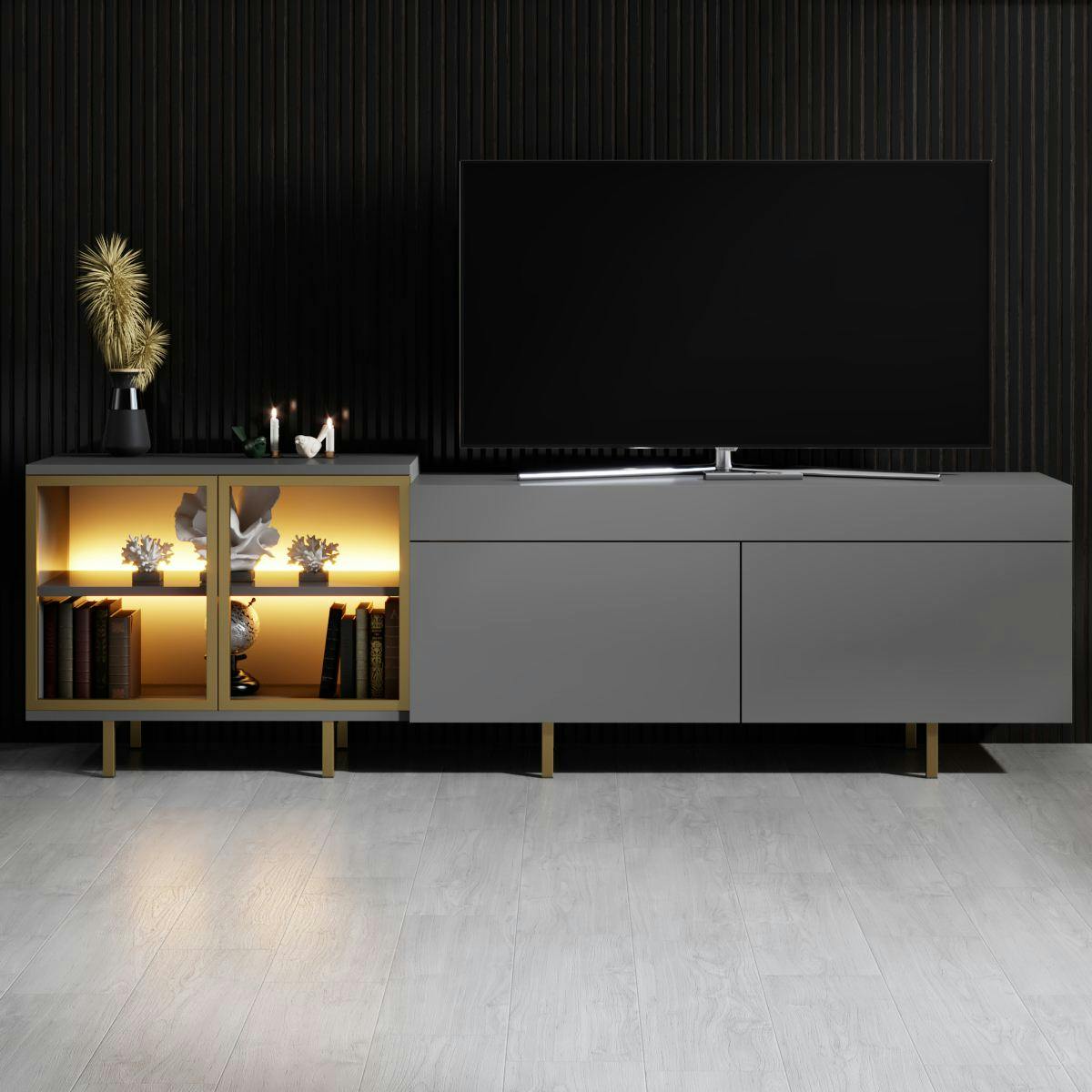 Meuble TV gris foncé et doré 2 portes 1 niche LED AURA