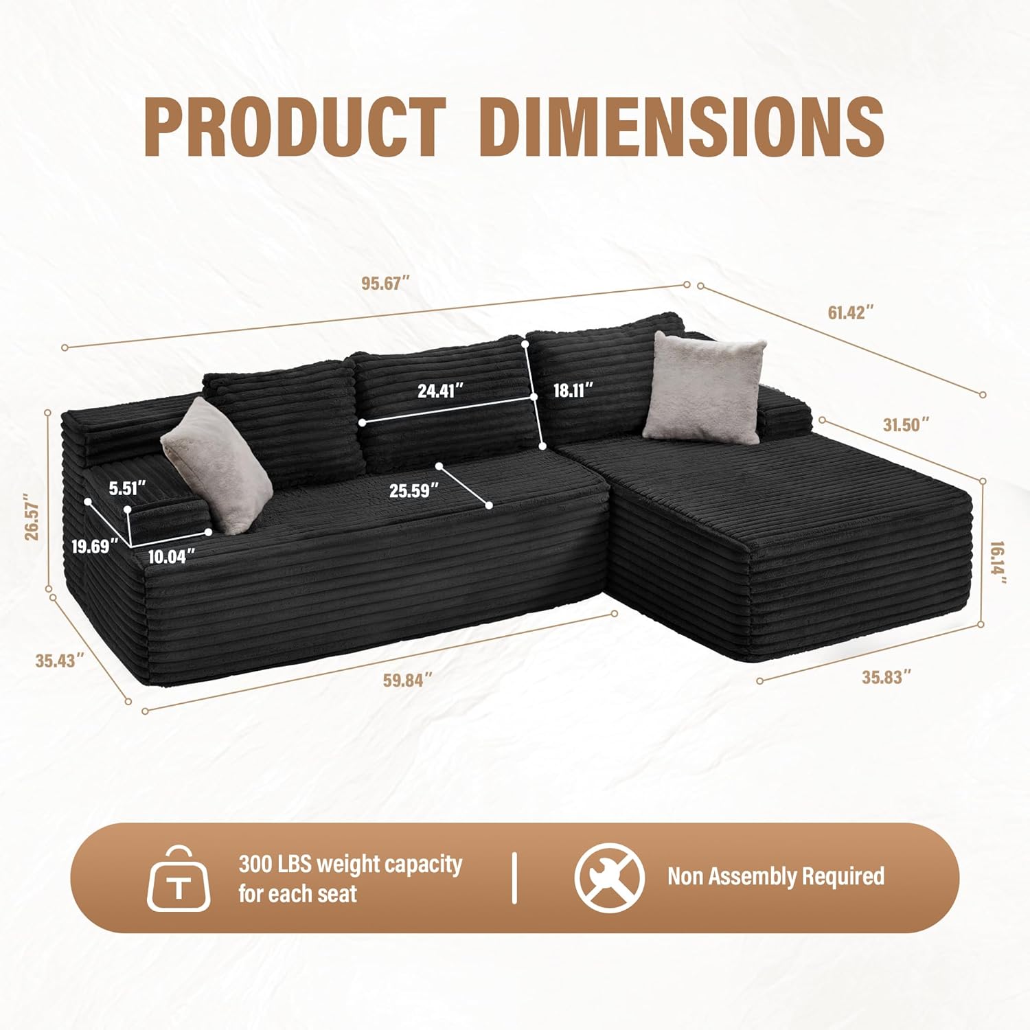 Hobestluk Modular Sectional Sofa Couches L-Shape Couch 3 Seat Modular Sofa Memory Foam Sectional Couches for Living Room, Cloud Couch with Oversized Chaise (96 Right Facing Chaise)