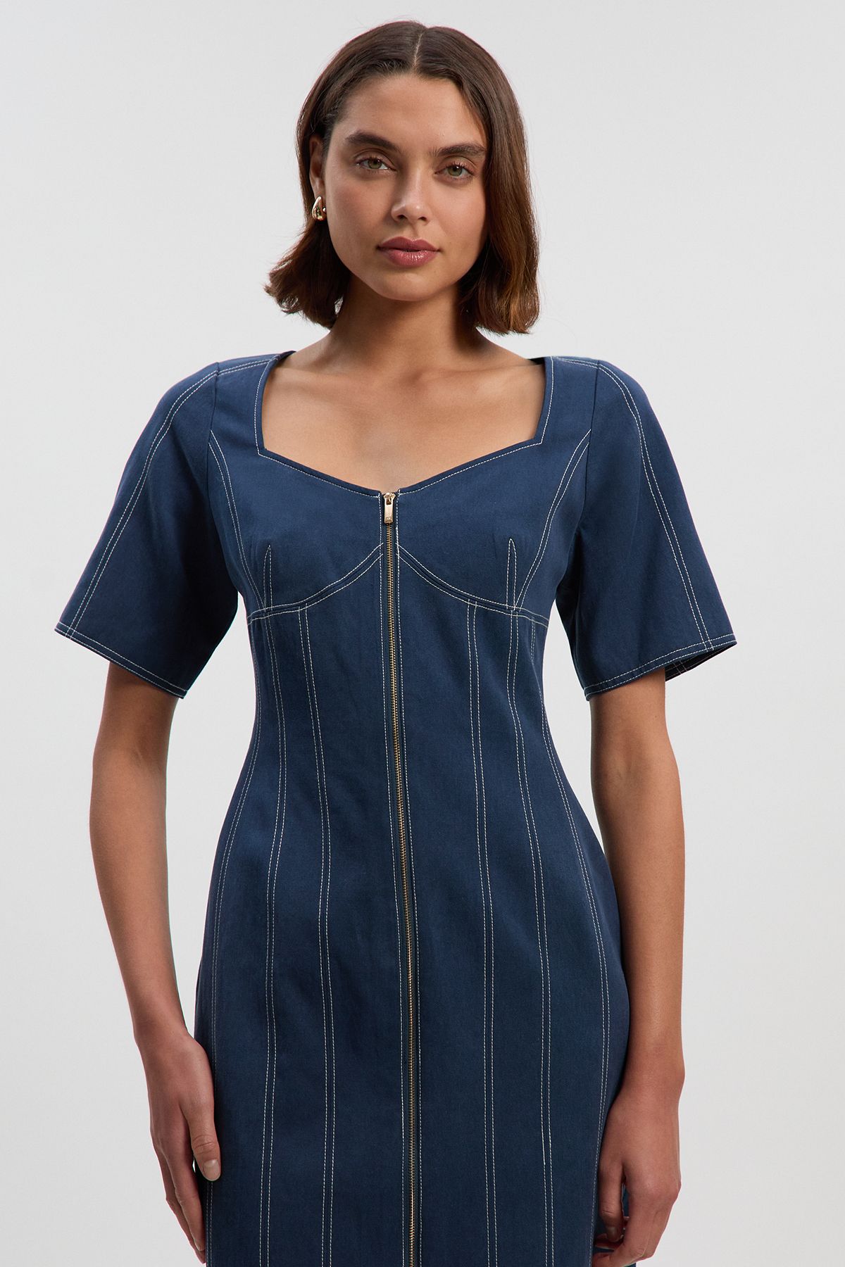 KarenMillen Petite Tencel Cotton Contrast Stitch Zip Front Woven Midi Dress