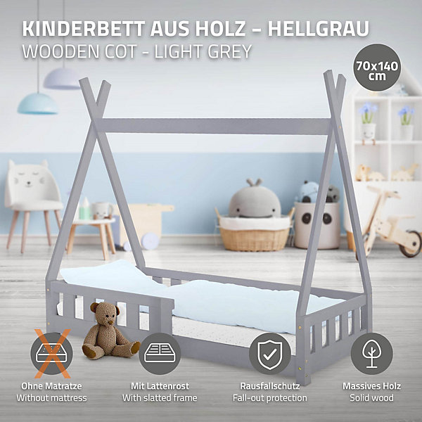 Lit d'enfants ML-Design Tipi 70x140 cm gris clair maison indien bois de pin sommier clôture de jeu