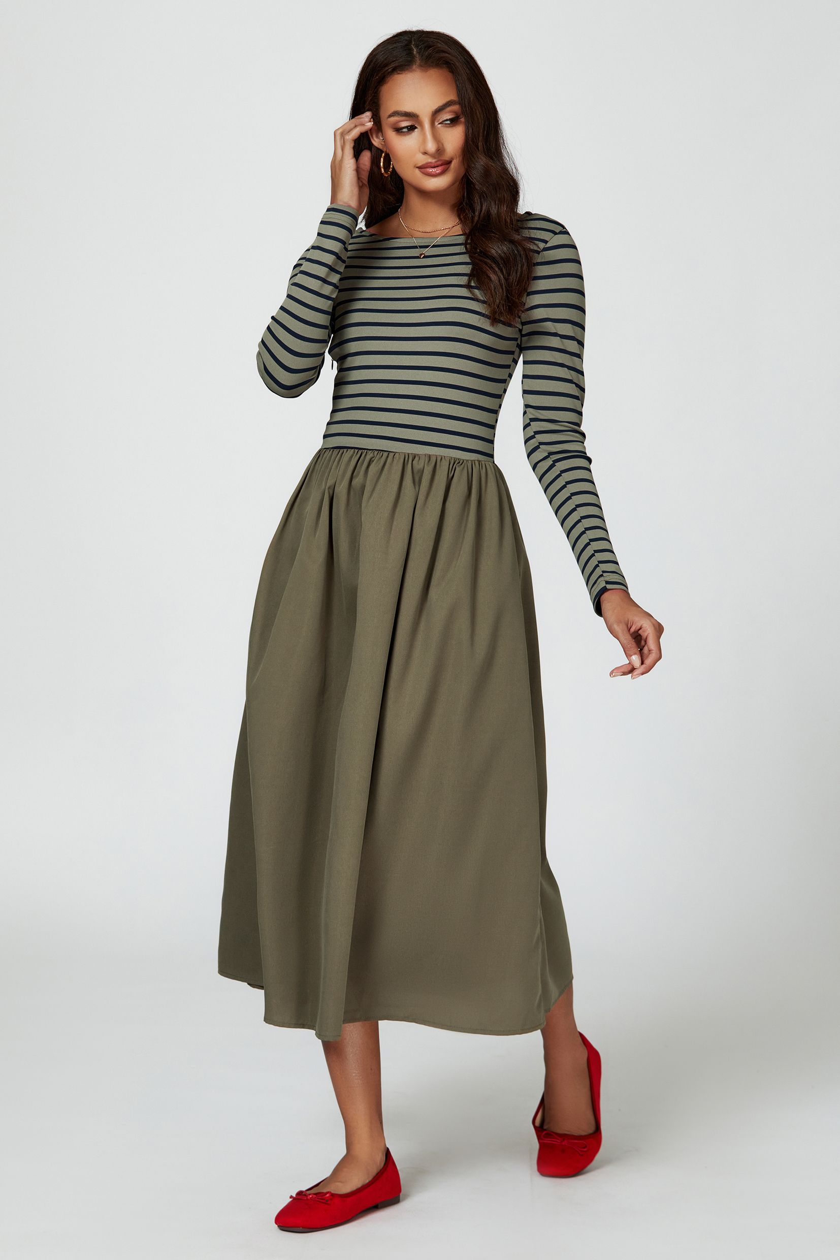 FS Collection Long Sleeve Stripe Midi Dress In Olive