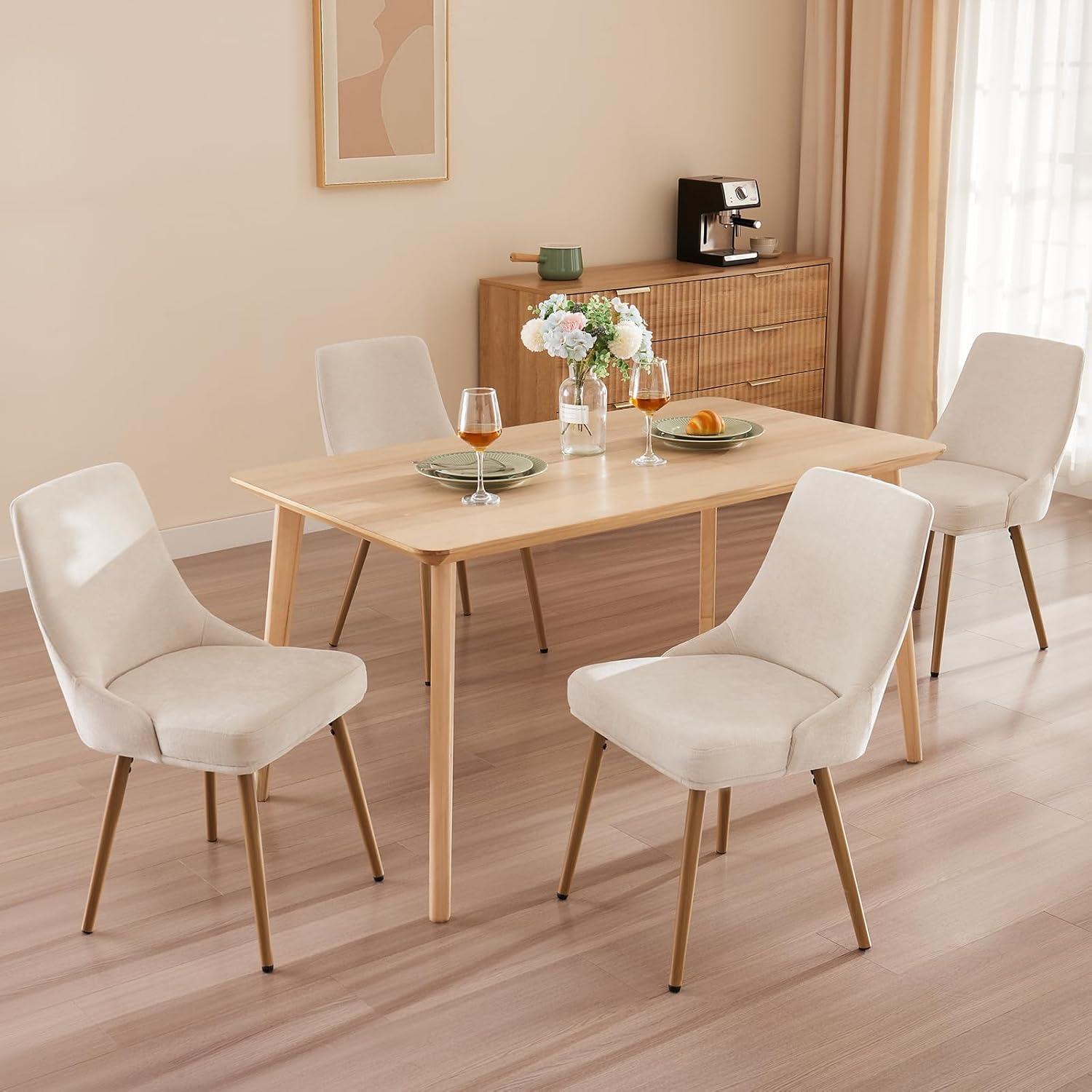 Modern Upholstered Dining Chairs Set of 4 with Thick Seat Cushion and Curved Back, Fabric Farmhouse Dinner Chair for Kitchen, Dining Room,Cafe (Fabric - Beige, Set of 4)