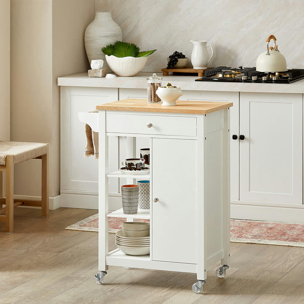 - Desserte effet bois blanc à roulettes 1 tiroir 1 porte