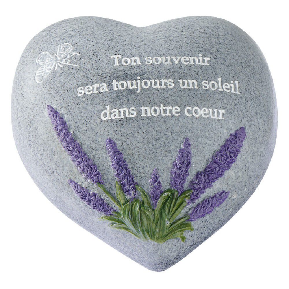 Pierre en résine grise en forme de coeur avec message