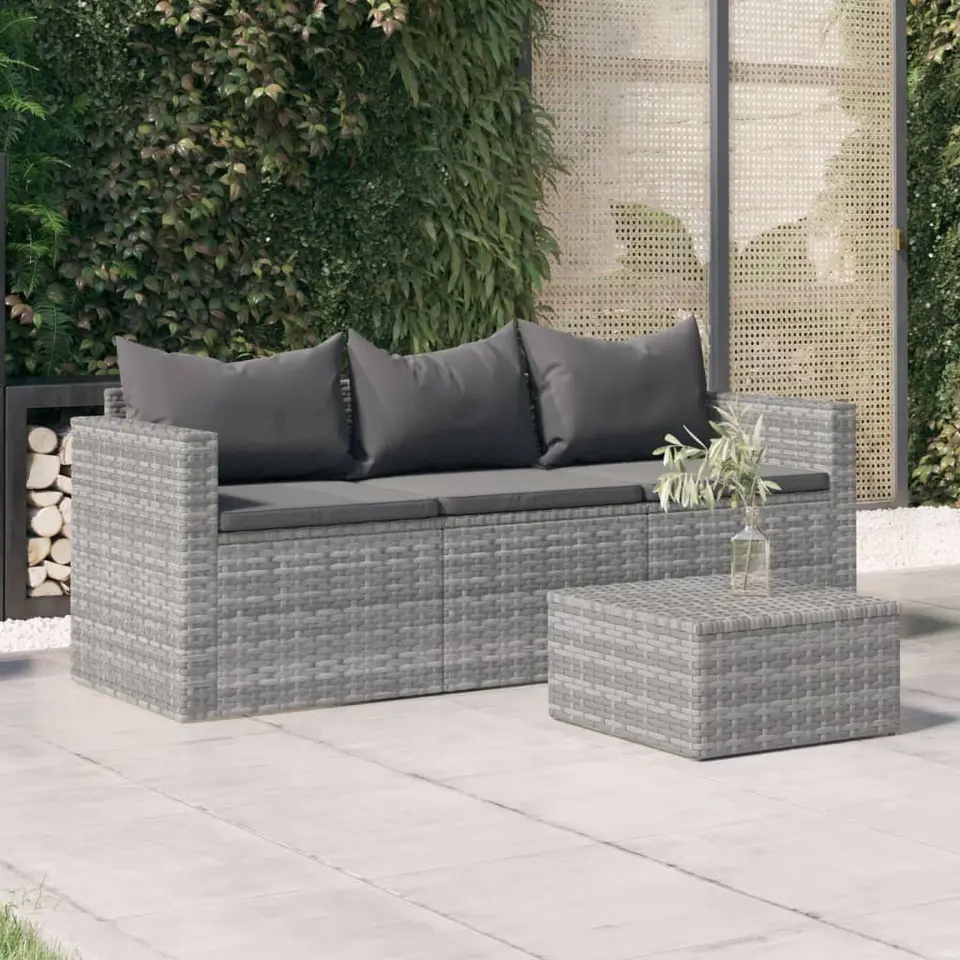 vidaXL - Tuinbank 3-zits - Grijs - Poly rattan - Met kussens