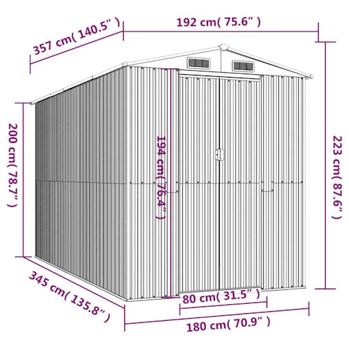 NNEVL Garden Shed Light Grey 192x357x223 cm Galvanised Steel