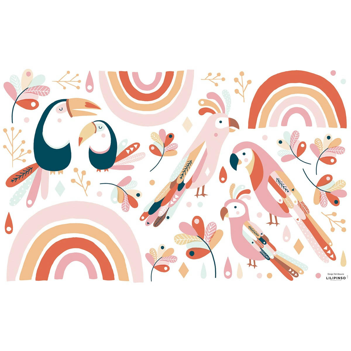 PARADISIO - Grand sticker Paradisio oiseaux exotiques rose et orange (64 x 40 cm)