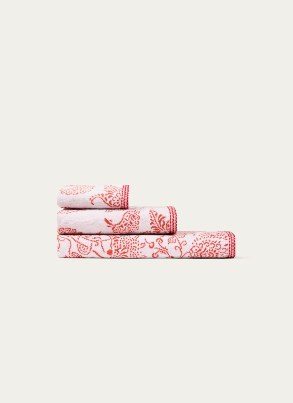 DRAP DE DOUCHE JACQUARD MOTIF FLORAL ORIANE ÉCRU / CORAIL