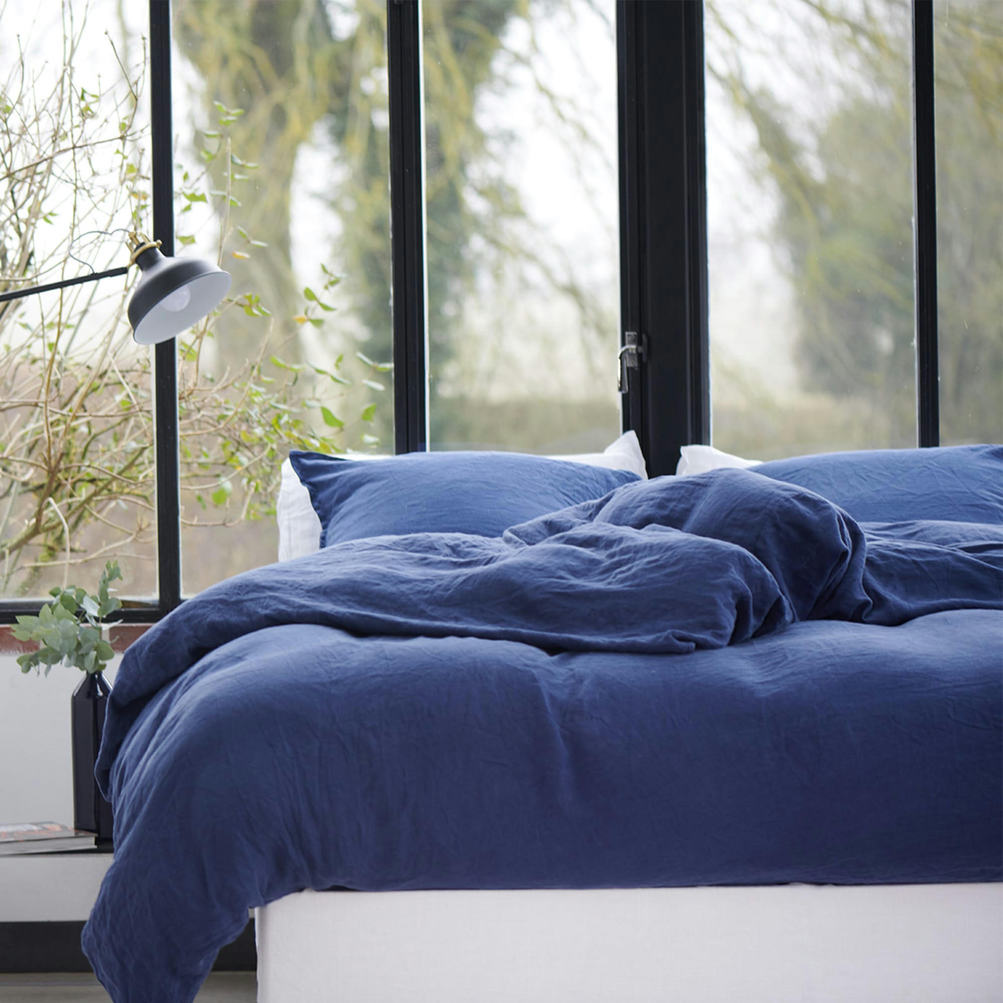 PARURE LIN - Housse de couette en lin bleu 240x220cm  + 2 taies bleu 50x70cm